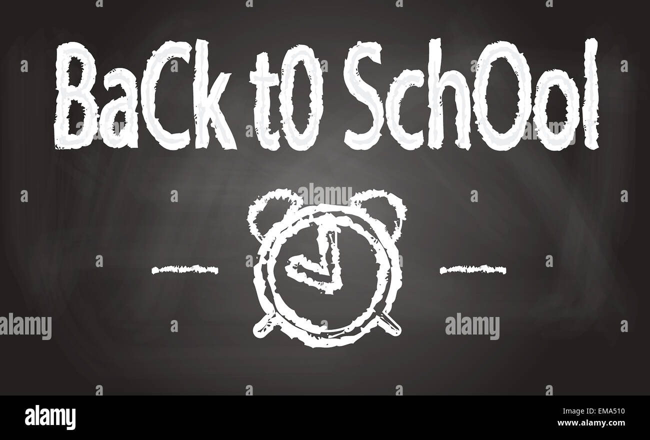 Vettore - "Si torna a scuola", scritto e disegno sveglia sulla lavagna Foto Stock