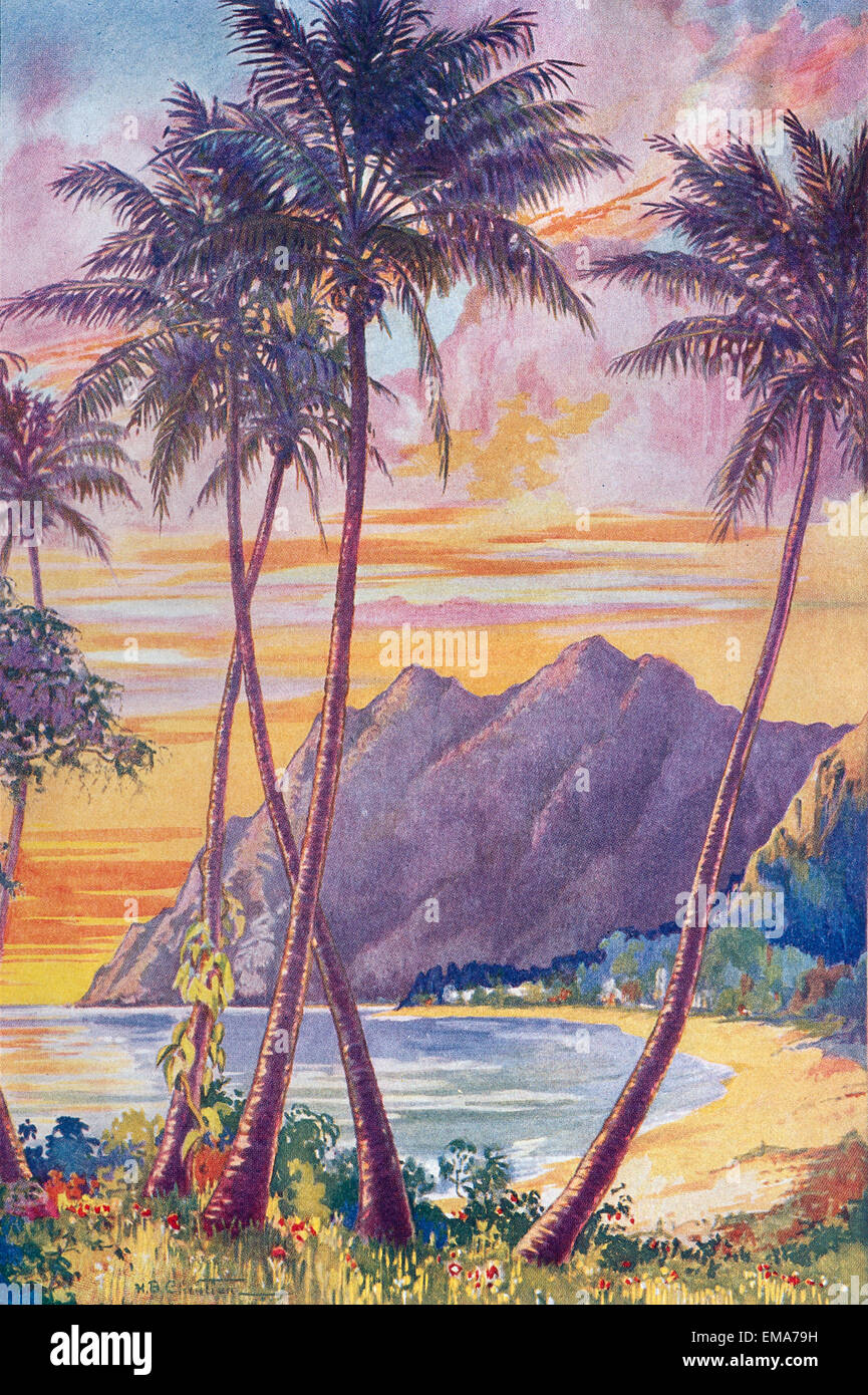 C.1928 Hb illustrazione cristiana del tramonto lungo la costa e le palme in primo piano C1521 Foto Stock