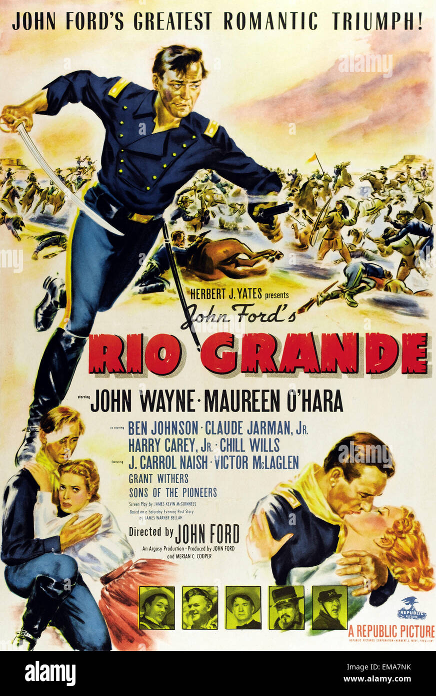 Vecchio filmato poster "Rio Grande' un 1950 Western film diretto da John Ford e interpretato da John Wayne e Maureen O'Hara. Foto Stock