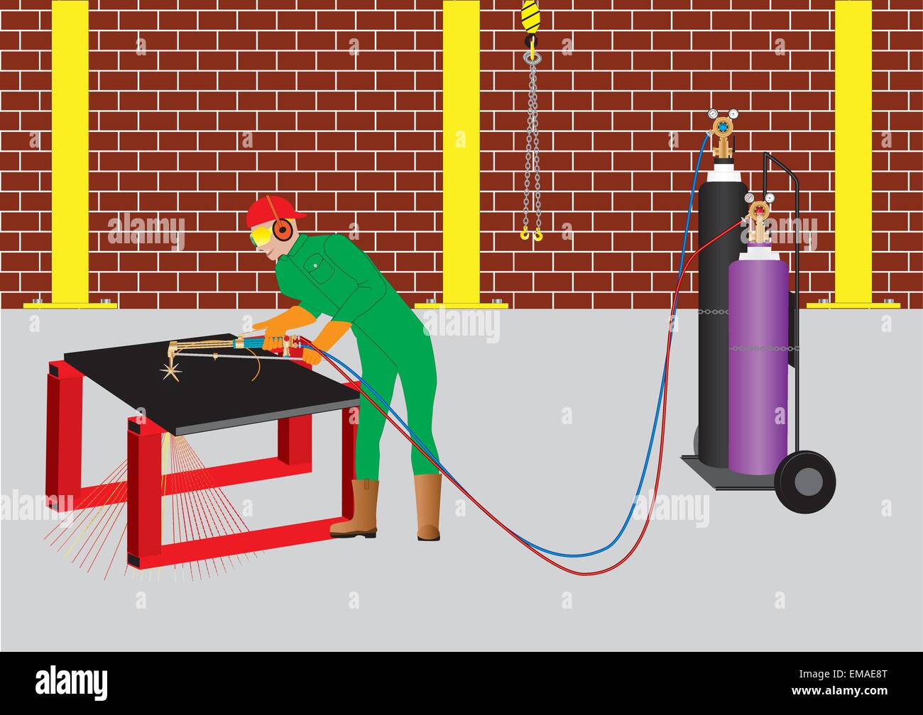 Una illustrazione vettoriale di un uomo Oxy-Acetylene il taglio di un cerchio da una piastra in acciaio con carroponte le catene di sollevamento e i cilindri in background Illustrazione Vettoriale