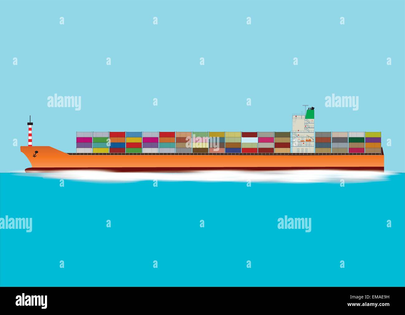 Una dettagliata illustrazione vettoriale di un arancione completamente mondati container carico nave in mare viaggiare ad alta velocità con un cielo blu sullo sfondo Illustrazione Vettoriale
