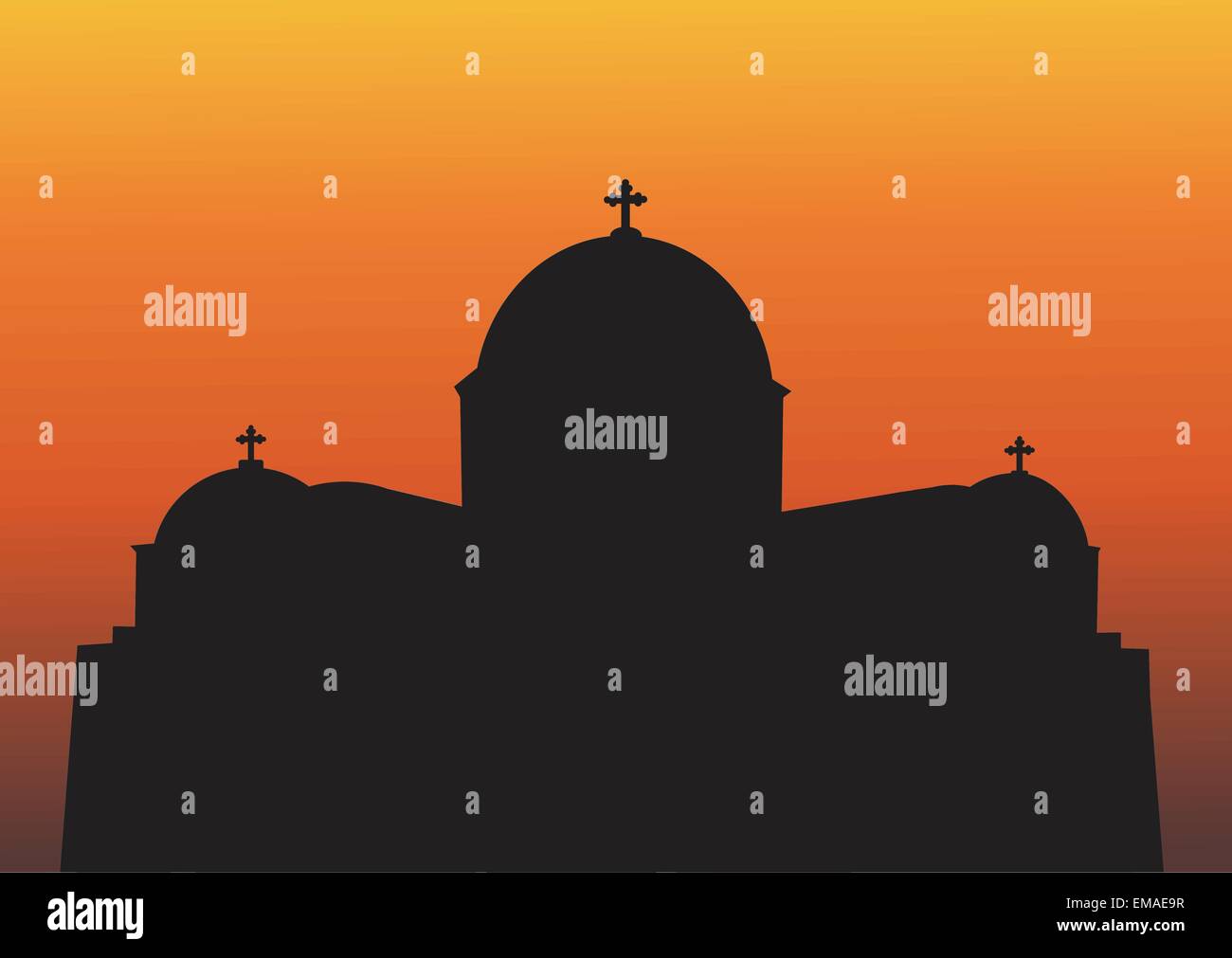 Una illustrazione vettoriale di una grande chiesa ortodossa greca con cupole e croci stagliano al tramonto Illustrazione Vettoriale