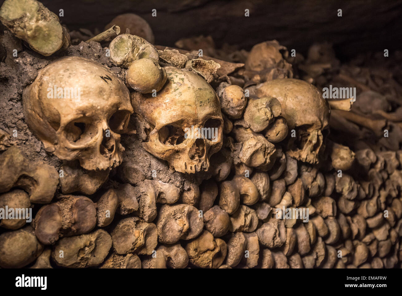 Teschi e le ossa nelle catacombe di Parigi Foto Stock