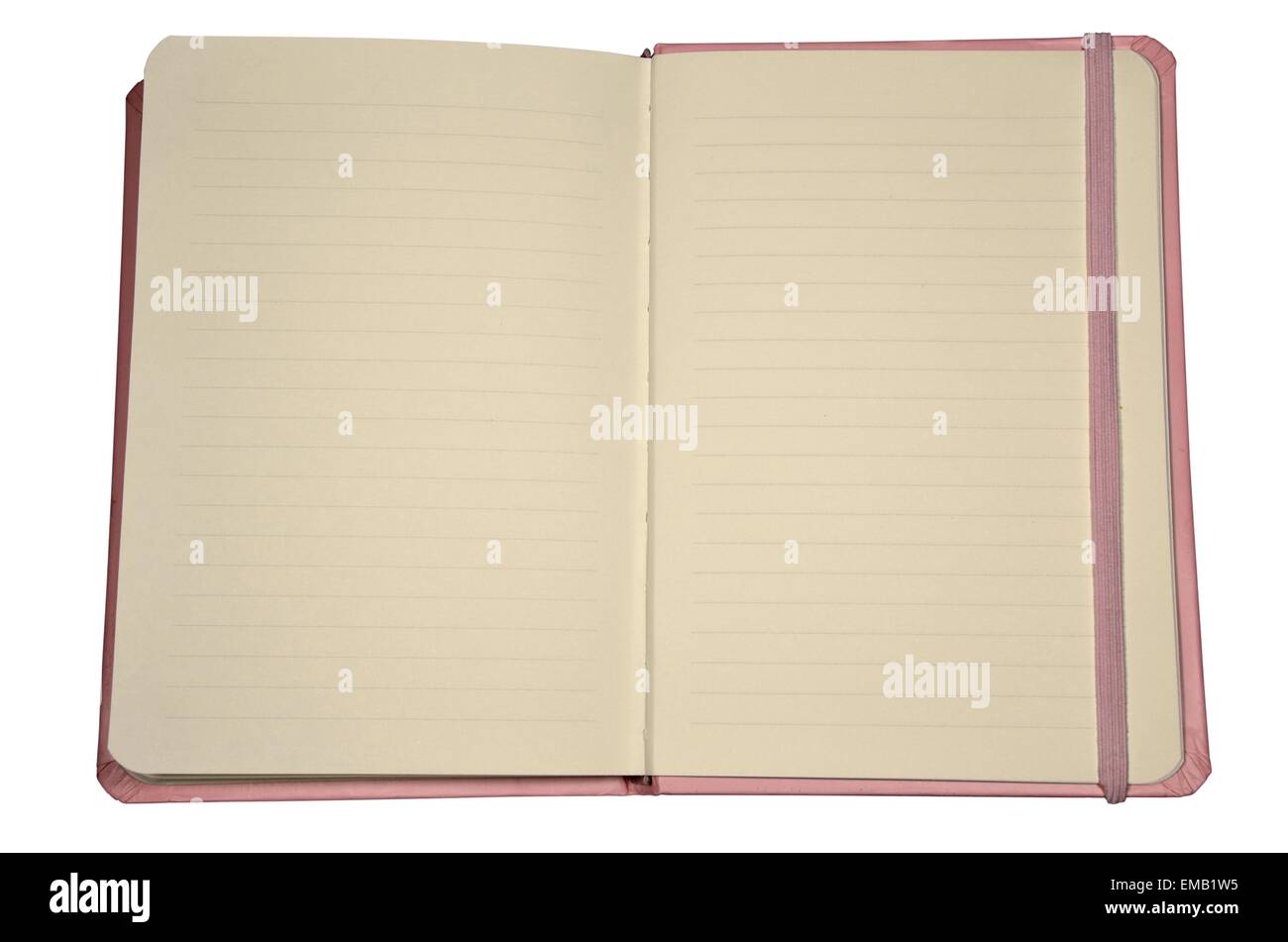 Aprire planner rosa con fascia elastica, su sfondo bianco Foto Stock