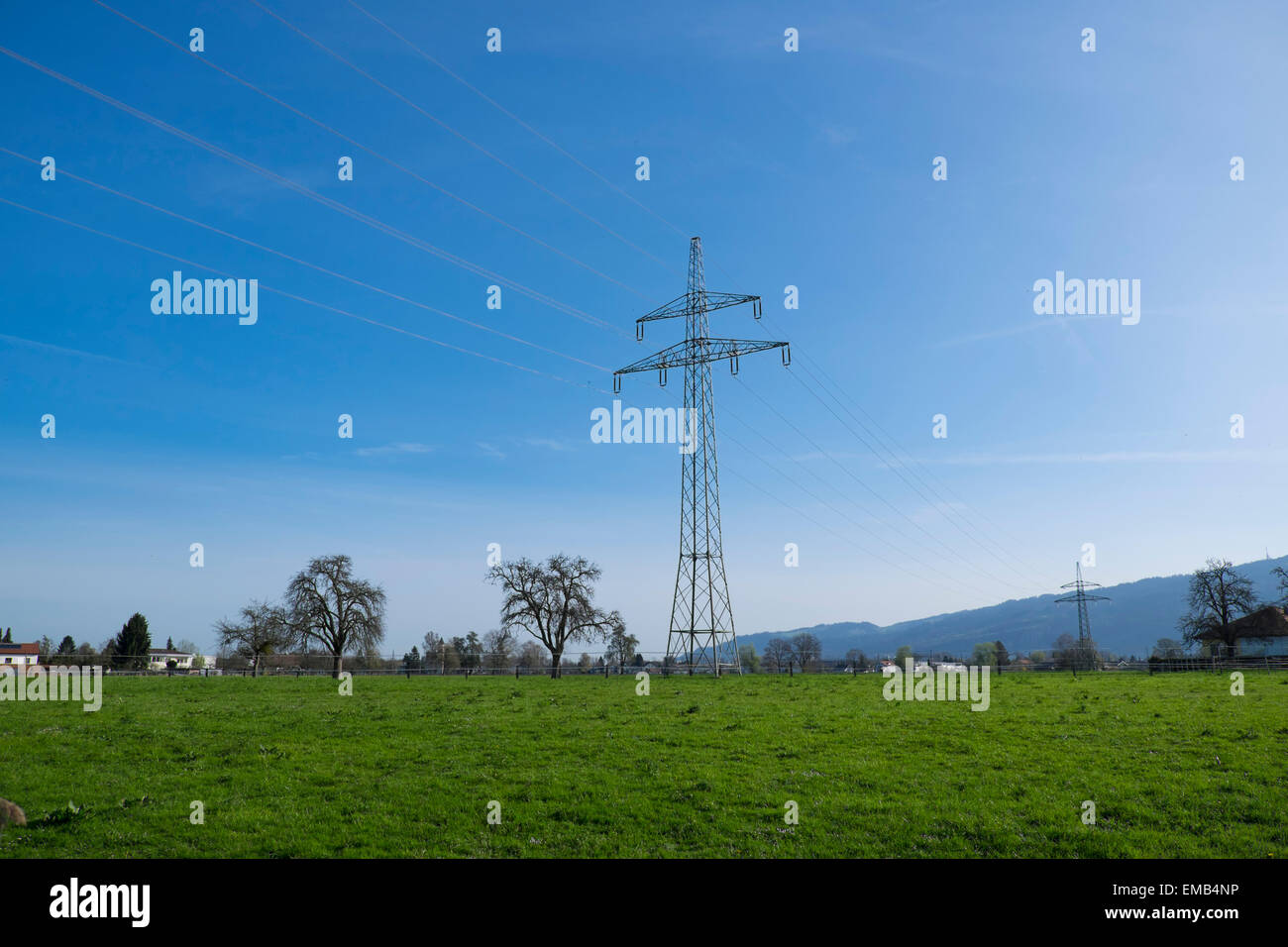 Montante Powerline in un campo di fromt di un cielo blu Foto Stock