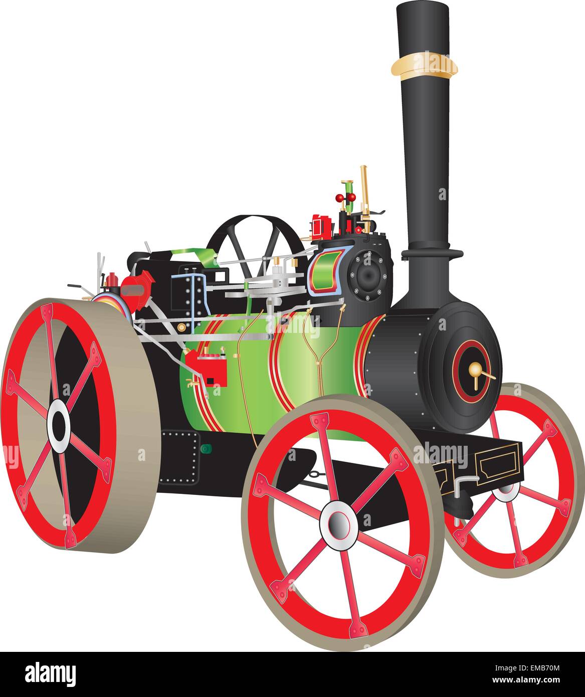 Una illustrazione dettagliata di una verde e rosso con trazione a vapore motore utilizzato nelle aziende agricole e per il trasporto su strada di merci Illustrazione Vettoriale