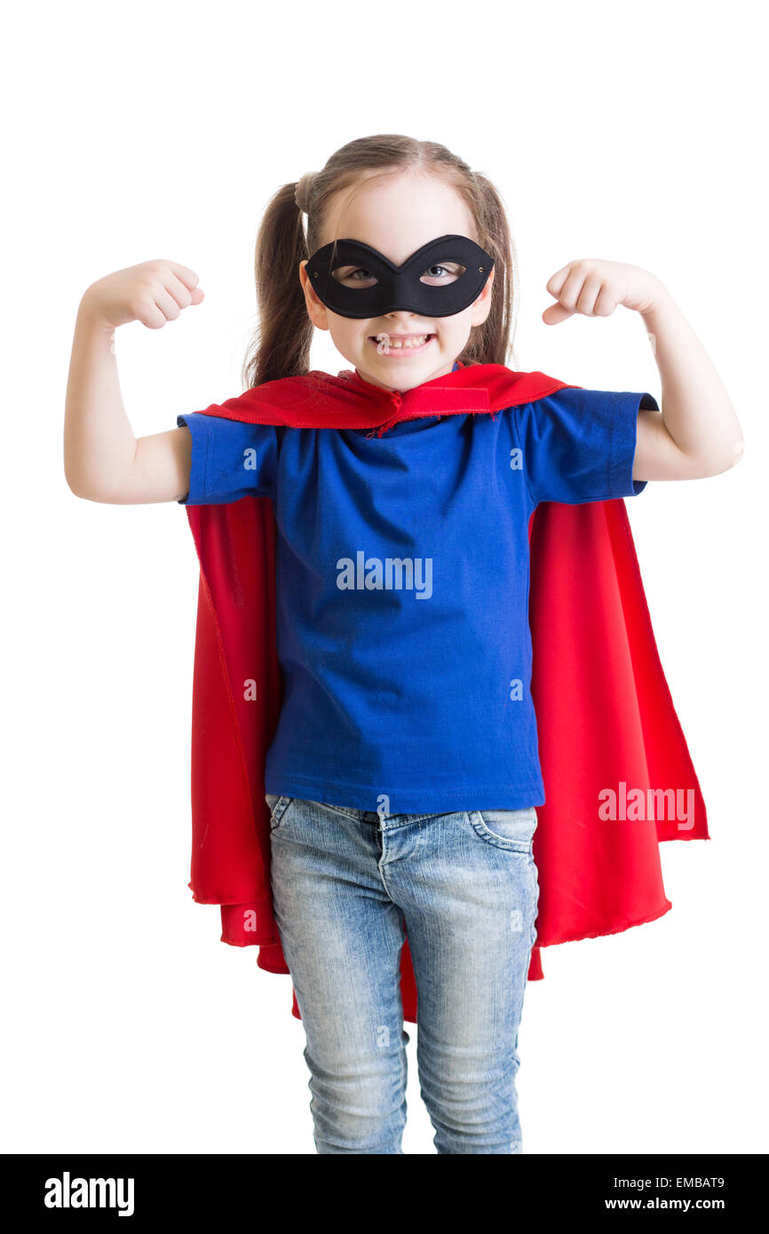 Kid bambina gioca supereroe Foto Stock