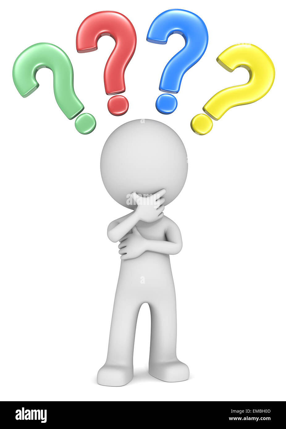 Il tizio 3D carattere e colorata degli interrogativi. Foto Stock