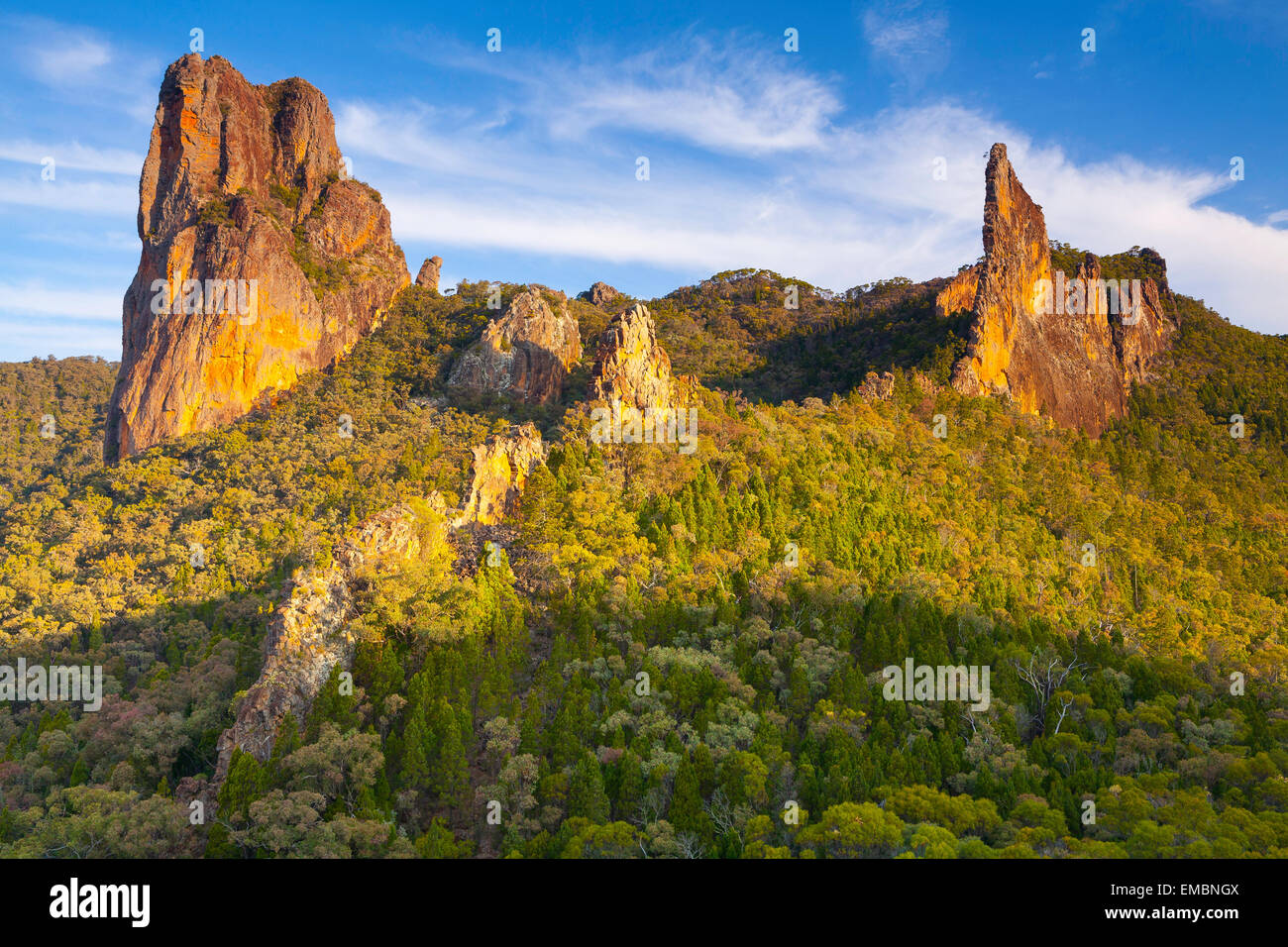 Guglia Belougery e il Breadknife - Warrumbungle National Park - NSW - Australia Foto Stock