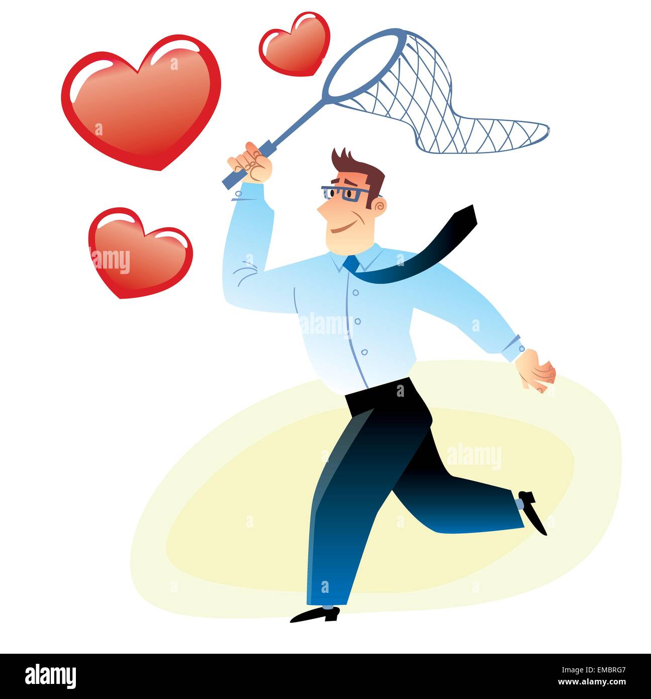 Uomo con una rete di catture battenti cuore rosso cerca immagini amore Illustrazione Vettoriale