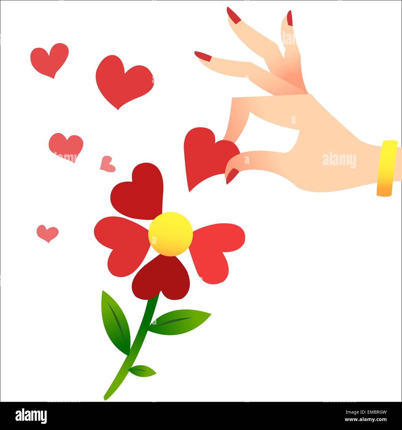 Indovinare circa amore sui petali. Una mano womans solleva il cuore petali Illustrazione Vettoriale
