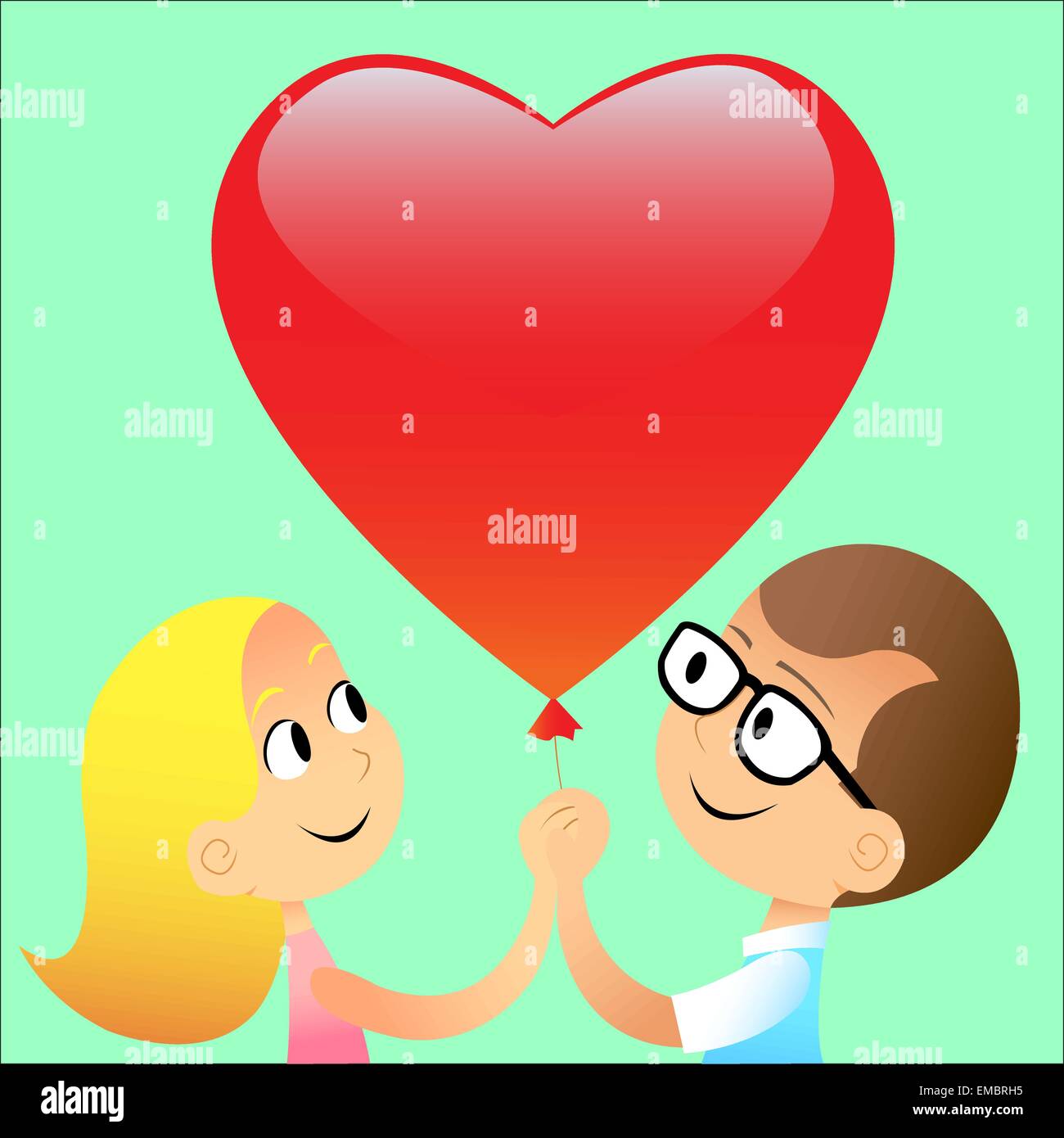 Amore con un ragazzo e una ragazza con un palloncino a forma di cuore rosso Illustrazione Vettoriale