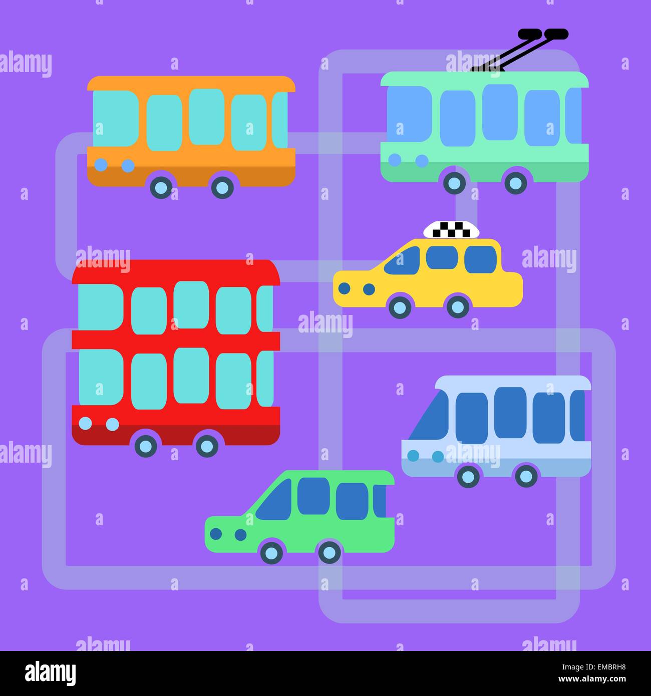Trasporto pubblico urbano taxi bus carrello van Decker bus taxi sulle strade sfondo Illustrazione Vettoriale