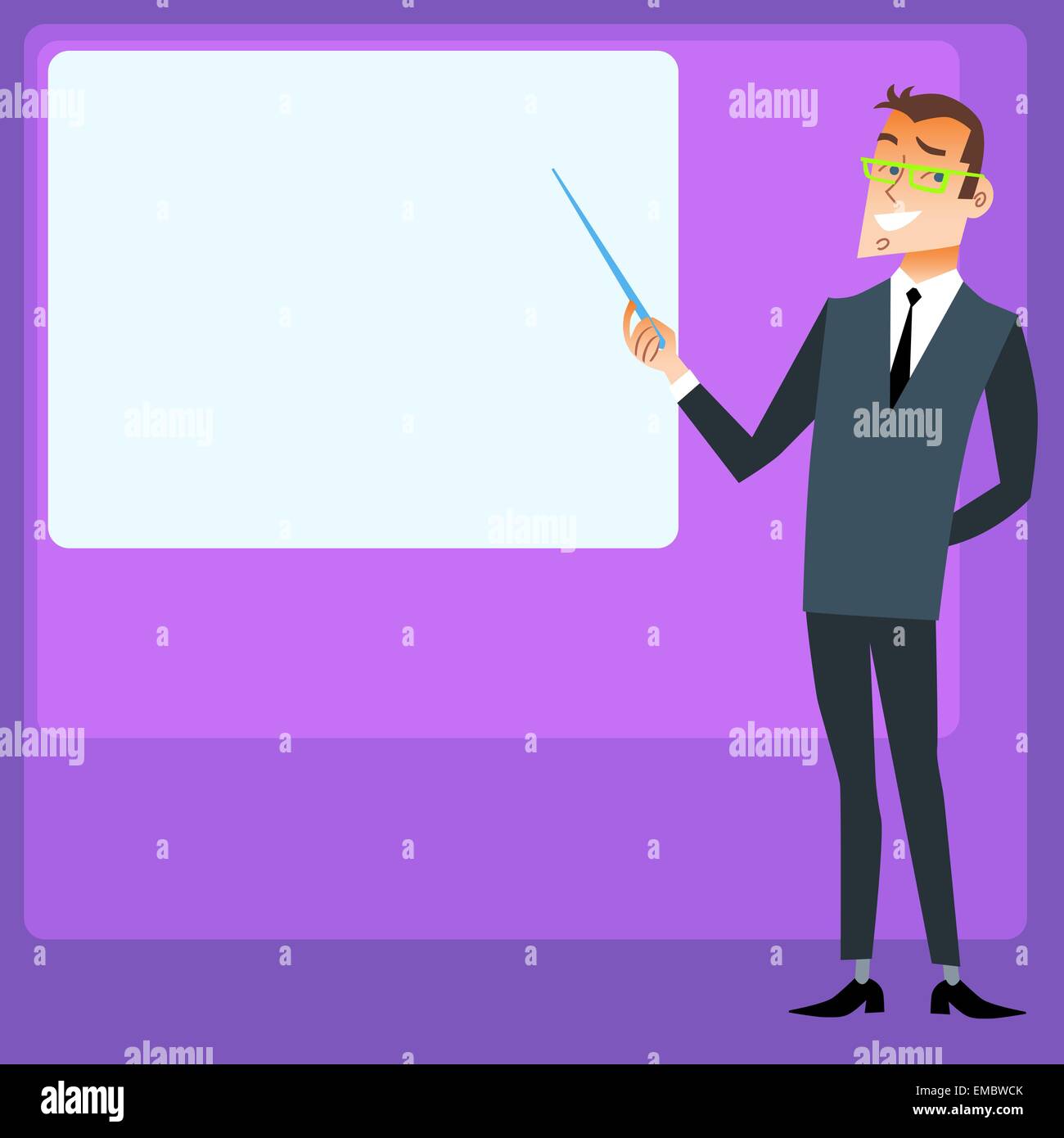 Il manager fa la presentazione del progetto, lo spazio per il testo sullo schermo presentazioni Illustrazione Vettoriale