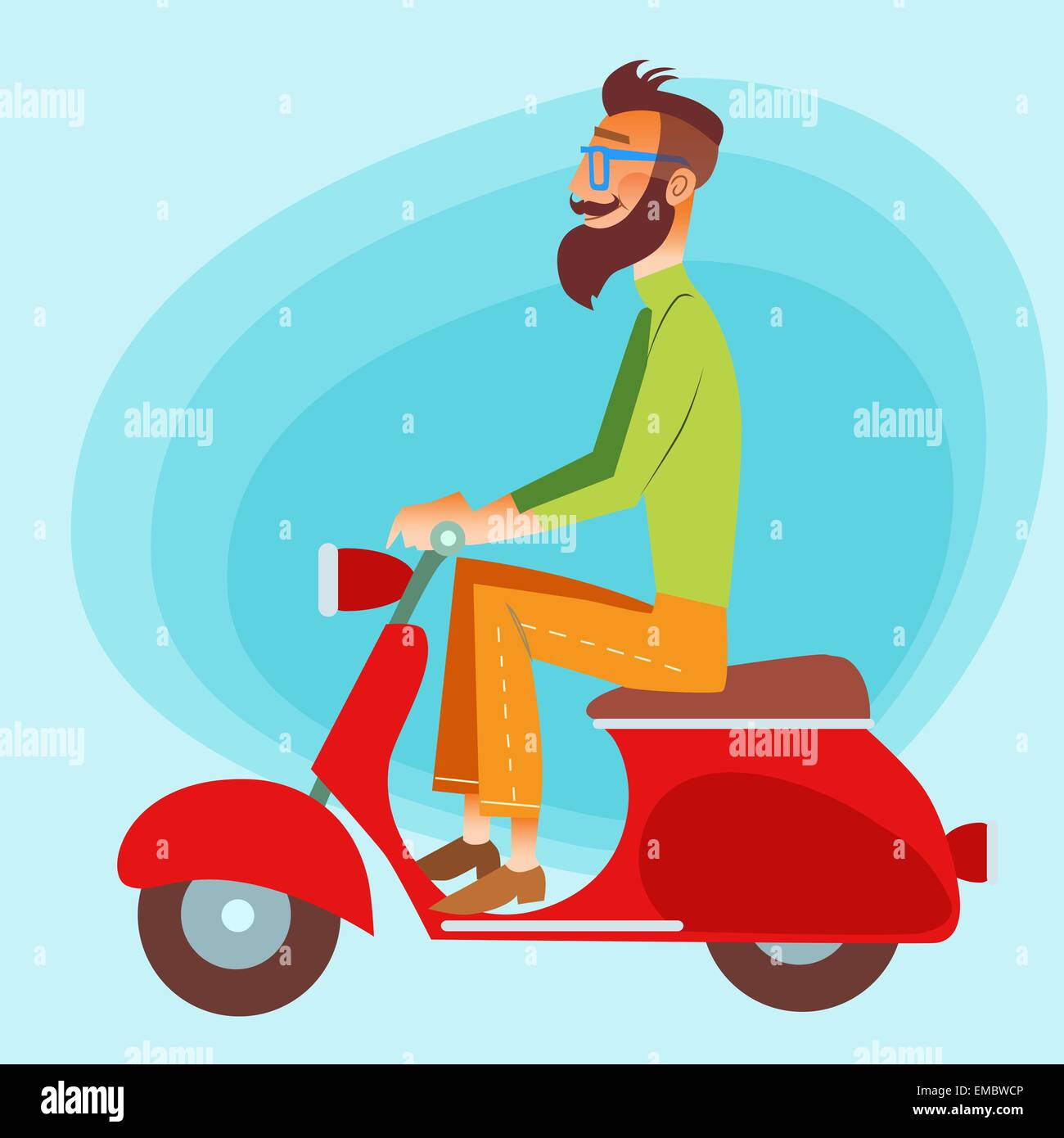 Barbuto alla moda di equitazione turistica uno scooter su strada Illustrazione Vettoriale