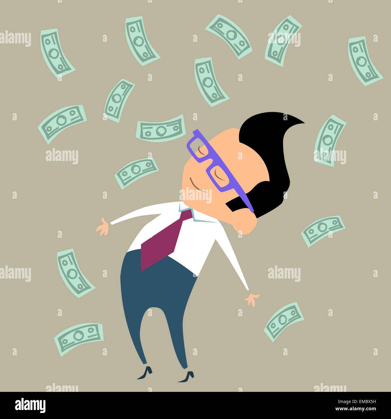 Lavoratore di ufficio imprenditore felice in piedi in mezzo a caduta di denaro Illustrazione Vettoriale