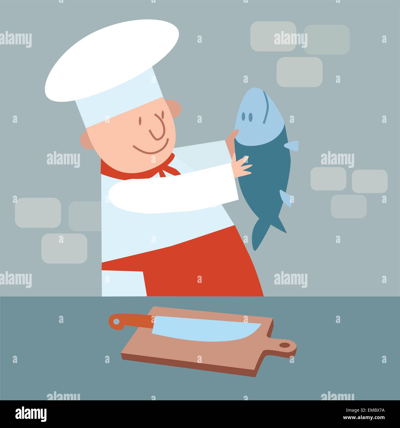 Cuocere tagliate il pesce fresco. Lo chef in cucina. Alimenti a base di carne Illustrazione Vettoriale