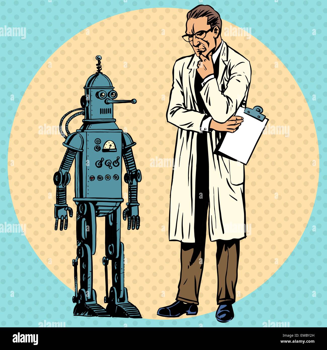 Il Professor scienziato e un robot. Il Creatore e gadget nuova scienza tecnologia pop arte fumetti in stile retrò halftone. Imitazione di Illustrazione Vettoriale
