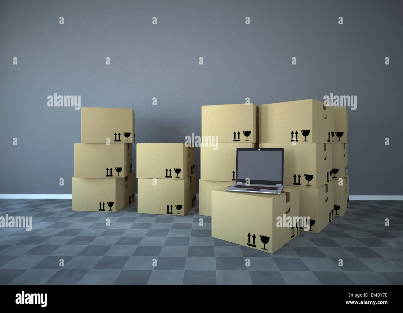 Scatole di spedizione con i notebook in una stanza, rendering 3D Foto Stock