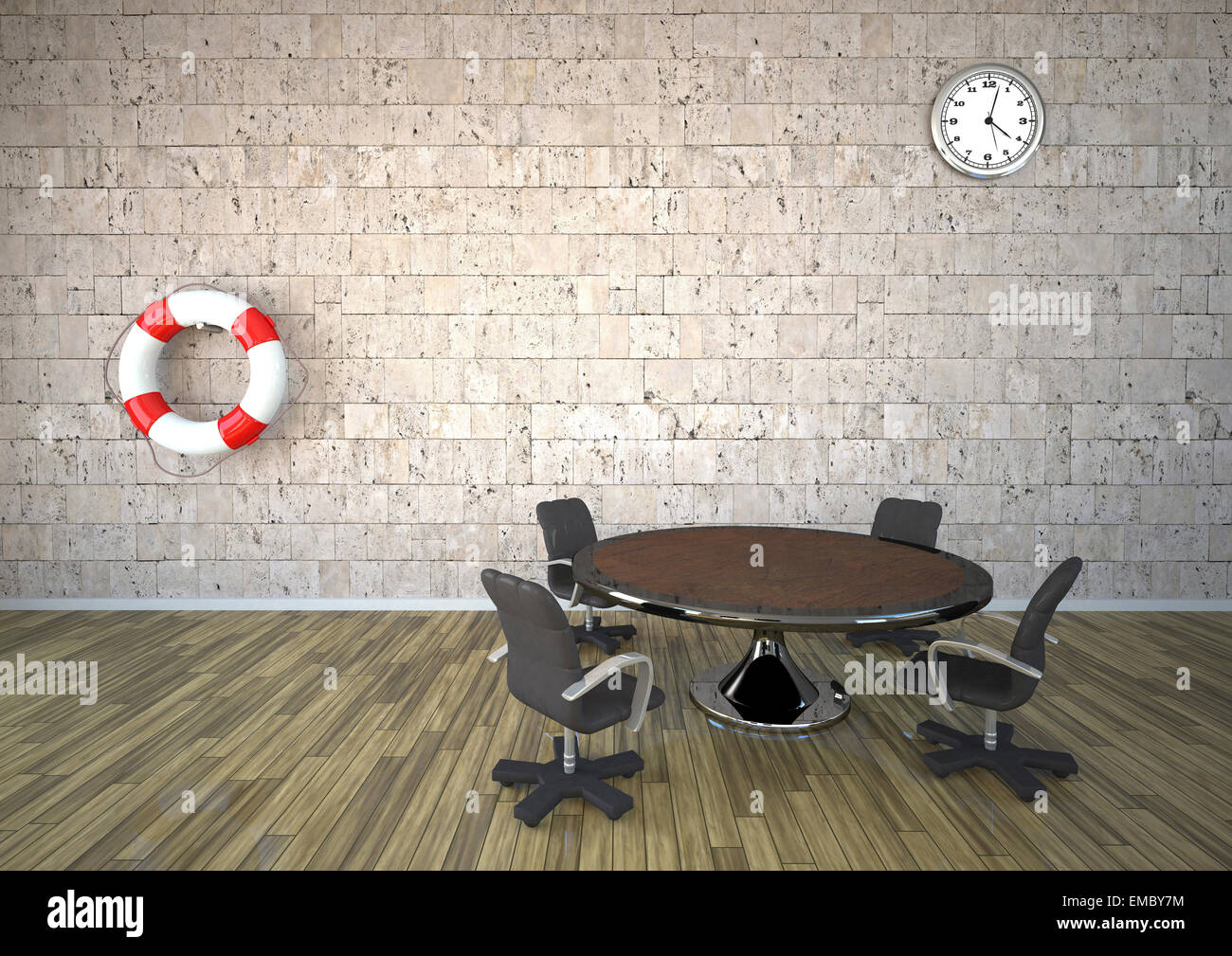 Vivere saver orologio e appesa sul muro di pietra naturale in una sala riunioni, rendering 3D Foto Stock