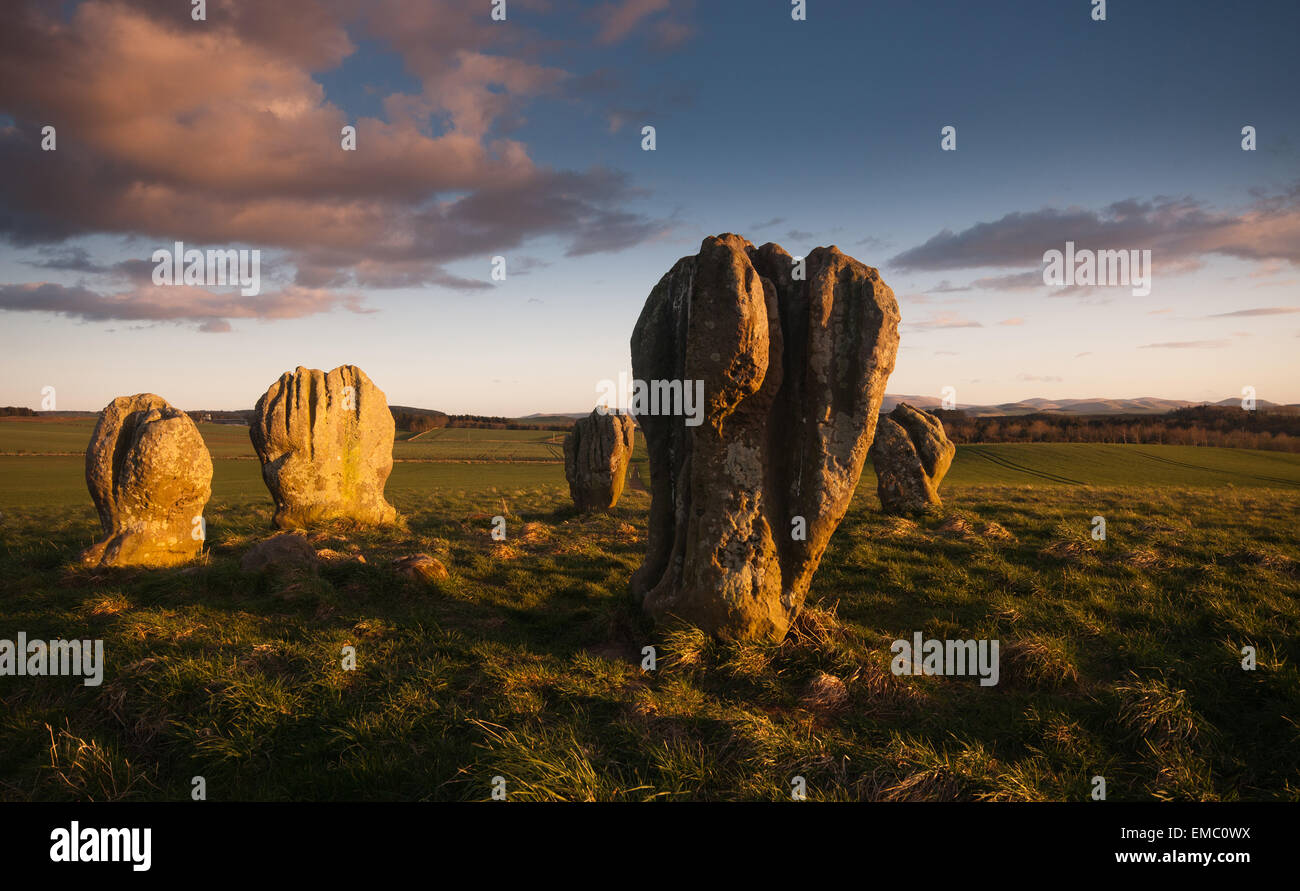 Standing stone circle vicino a Duddo nel nord di Northumberland. Questo sito neolitihic è raramente visitato. Foto Stock