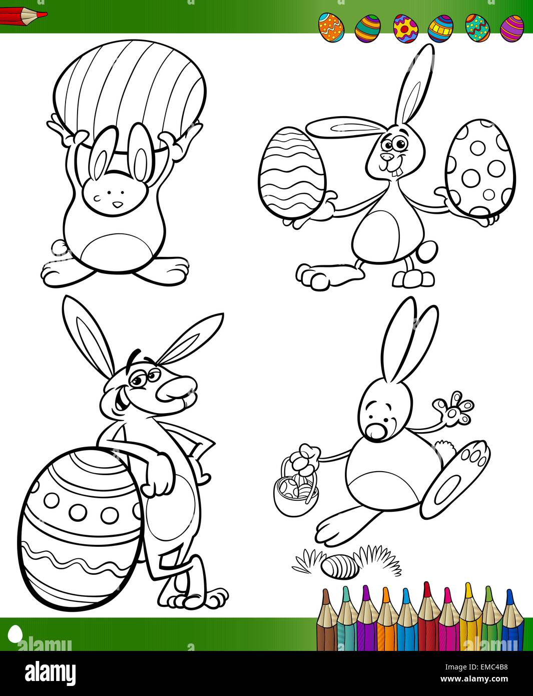 Conigli pasquali cartoni animati per libro da colorare Illustrazione Vettoriale