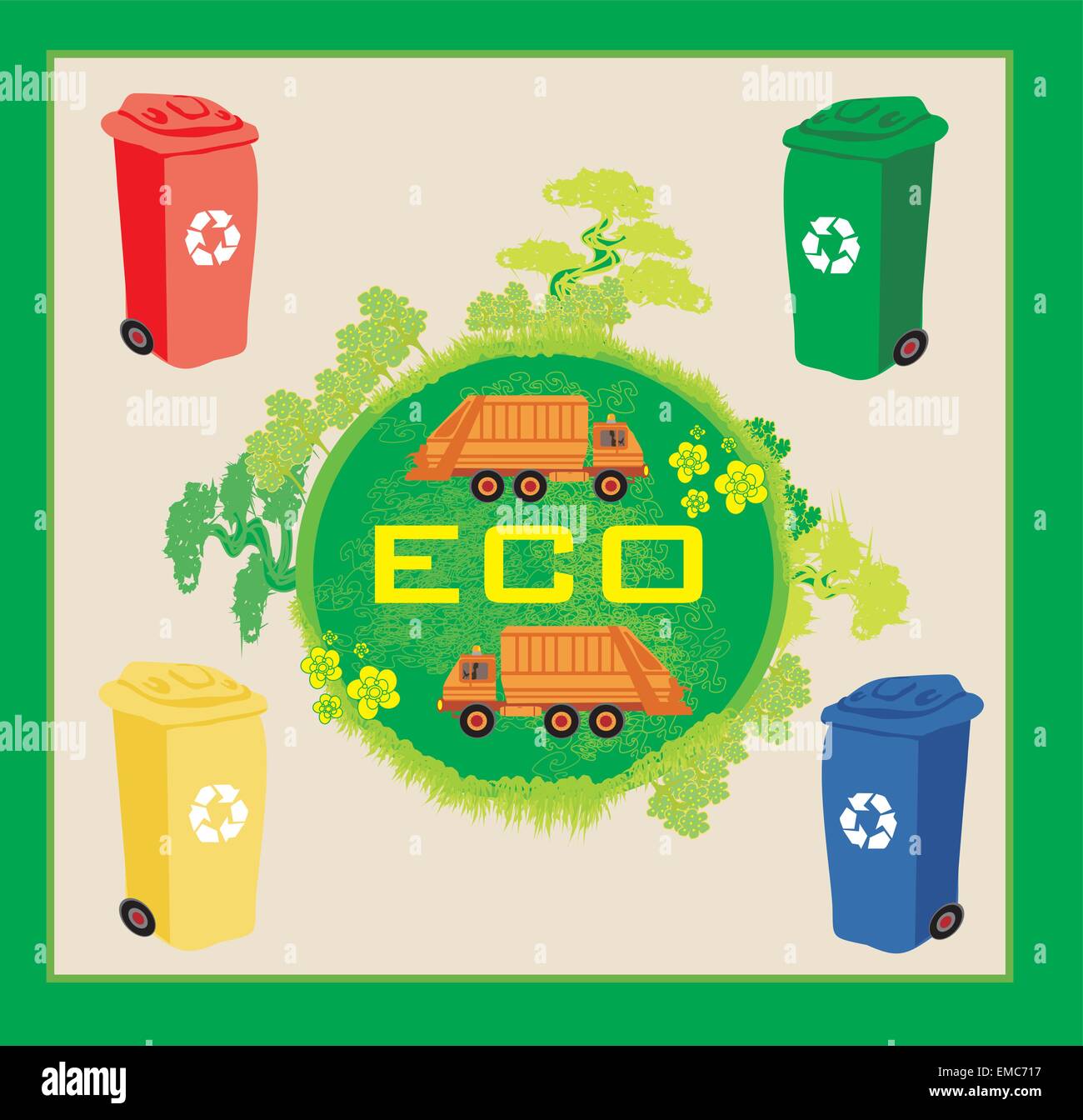 Colorato cestini di ecologia con il concetto di paesaggio e garbage Illustrazione Vettoriale