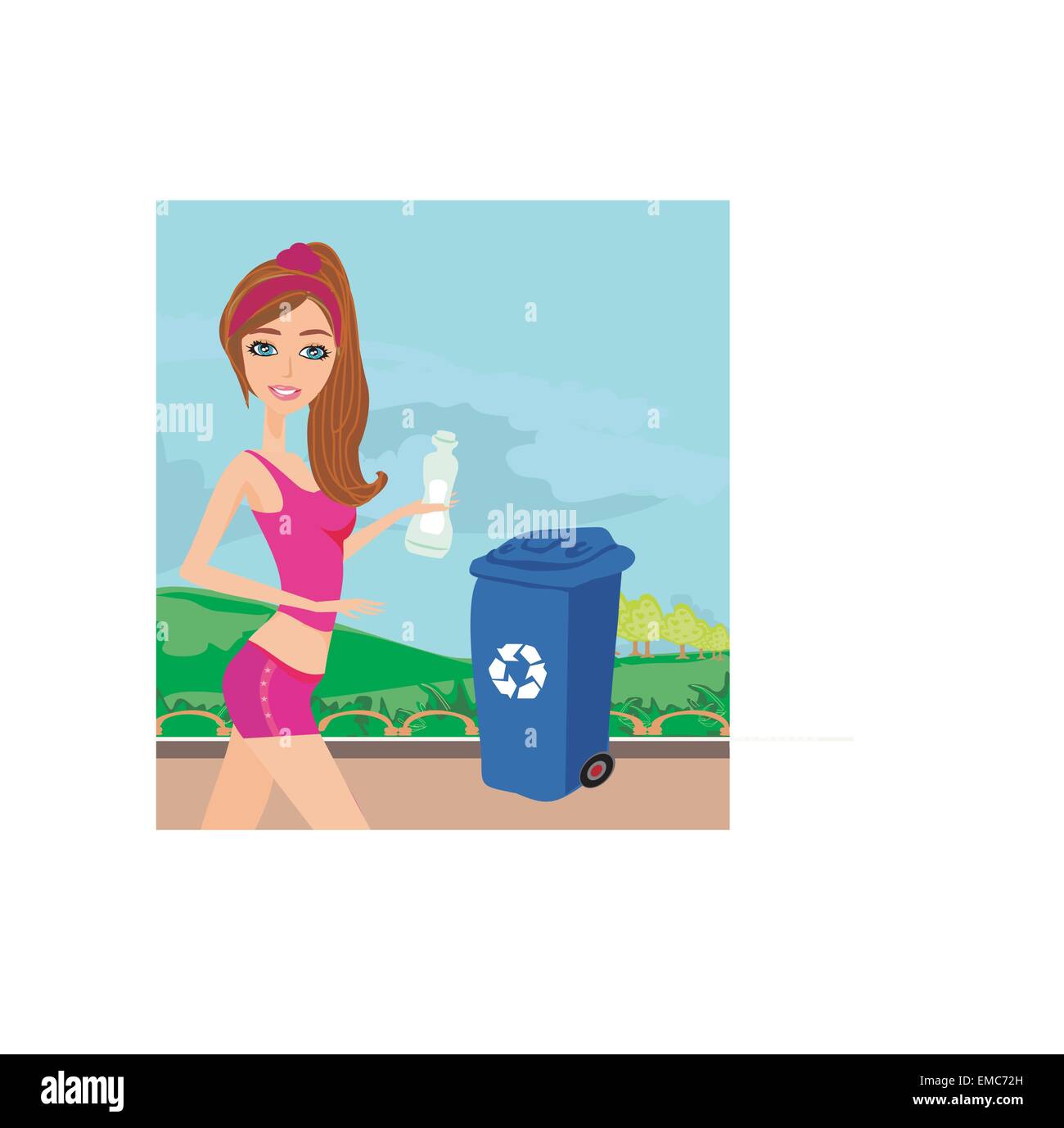 Ragazza il riciclaggio di bottiglie in plastica Illustrazione Vettoriale