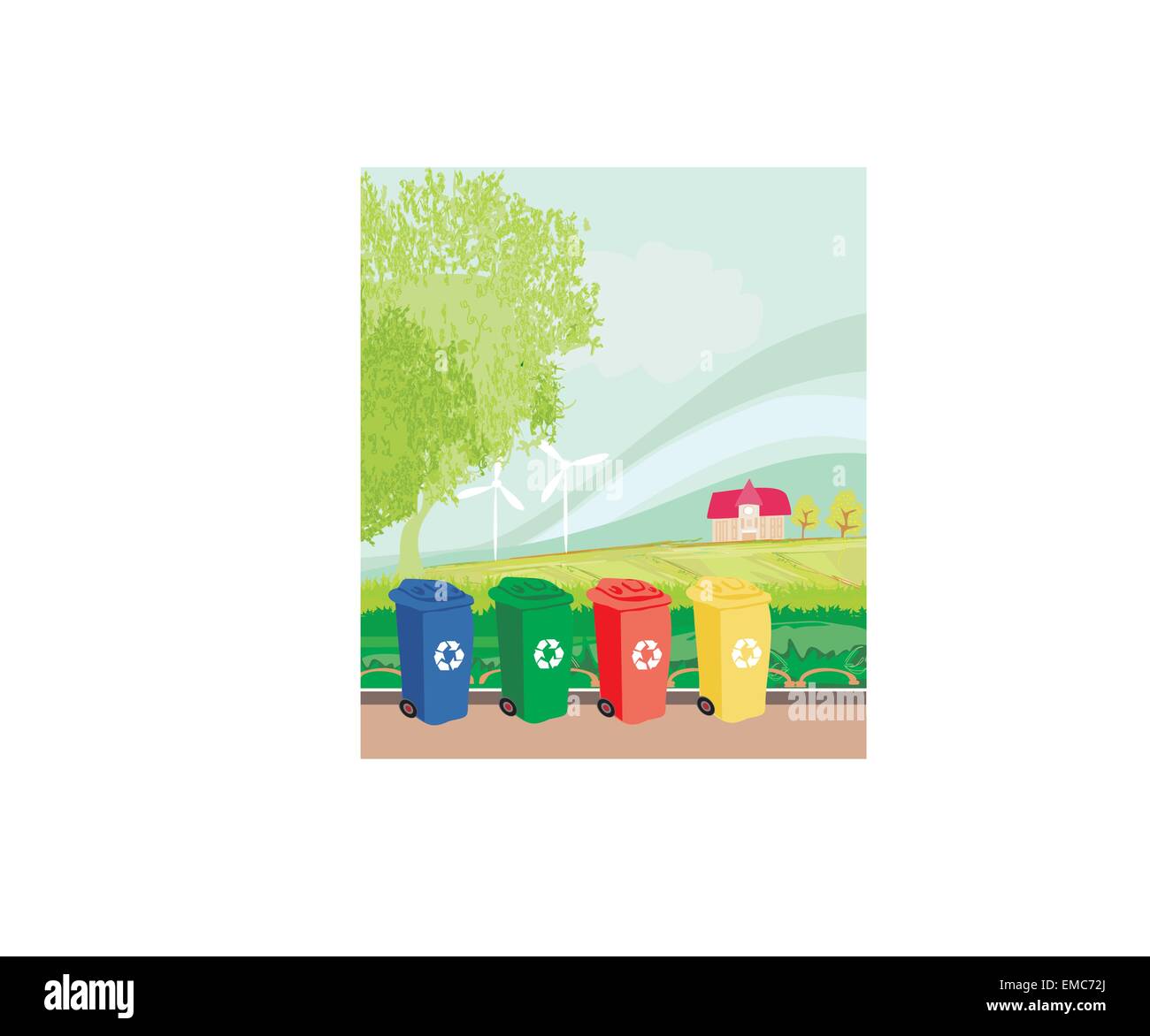Colorato cestini di ecologia con il concetto di paesaggio Illustrazione Vettoriale