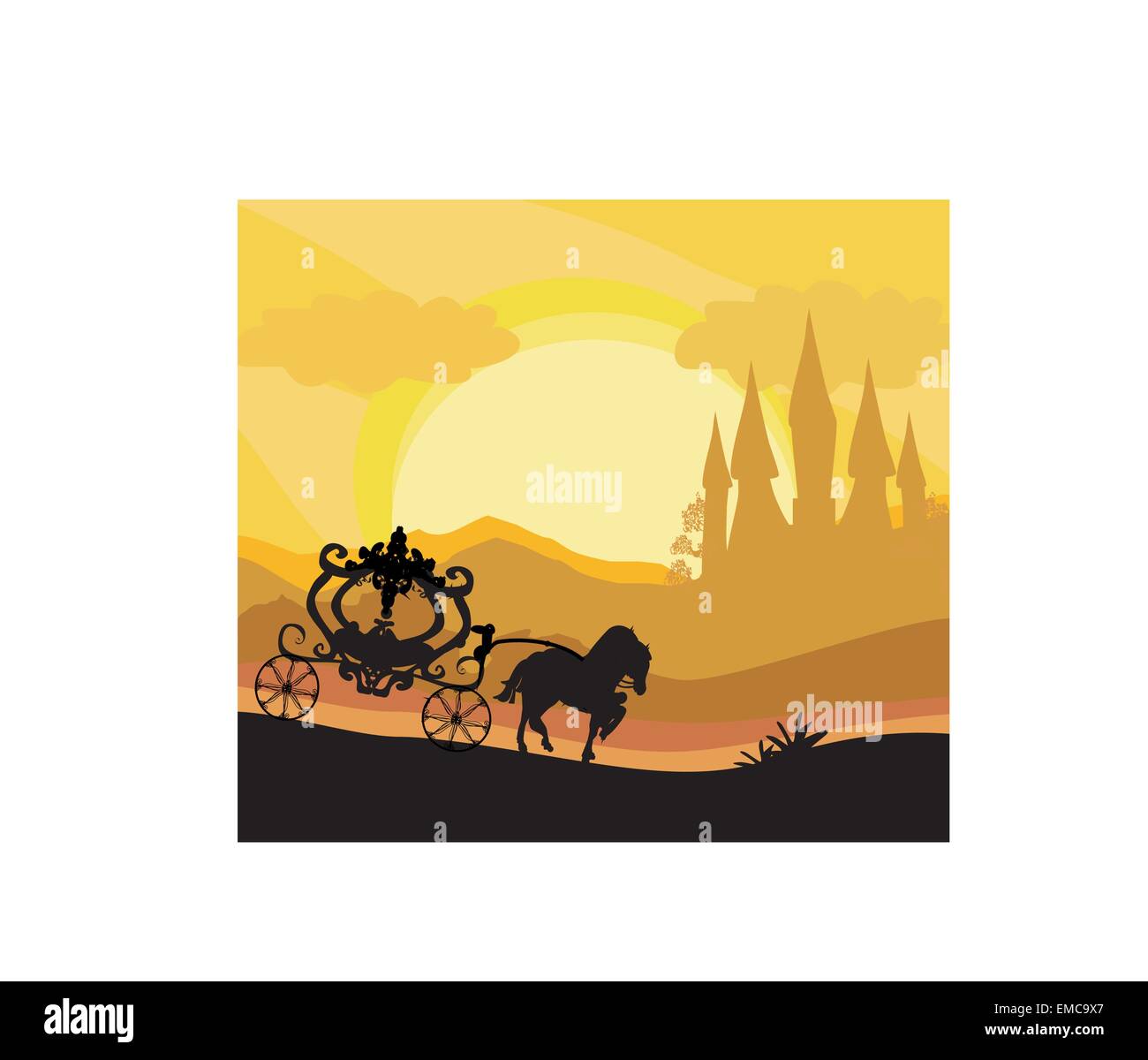 Carrozza a cavallo e un castello medievale Illustrazione Vettoriale