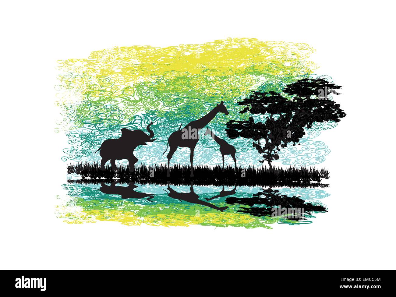 Safari in Africa silhouette di animali selvatici la riflessione in acqua Illustrazione Vettoriale