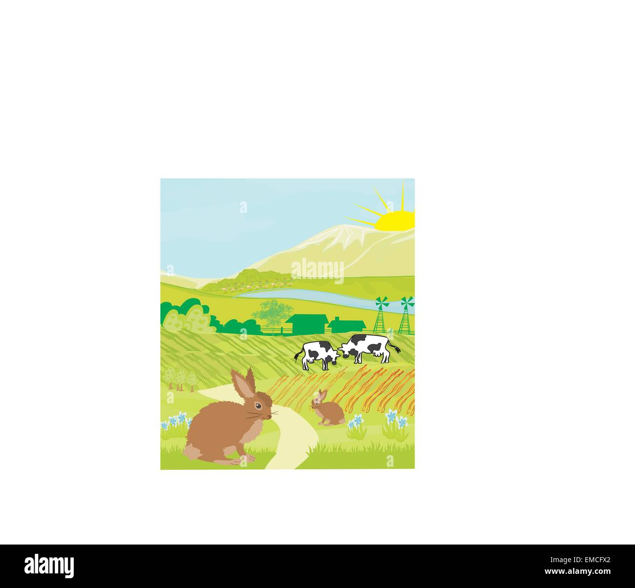 Le mucche e coniglietti nel prato verde Illustrazione Vettoriale