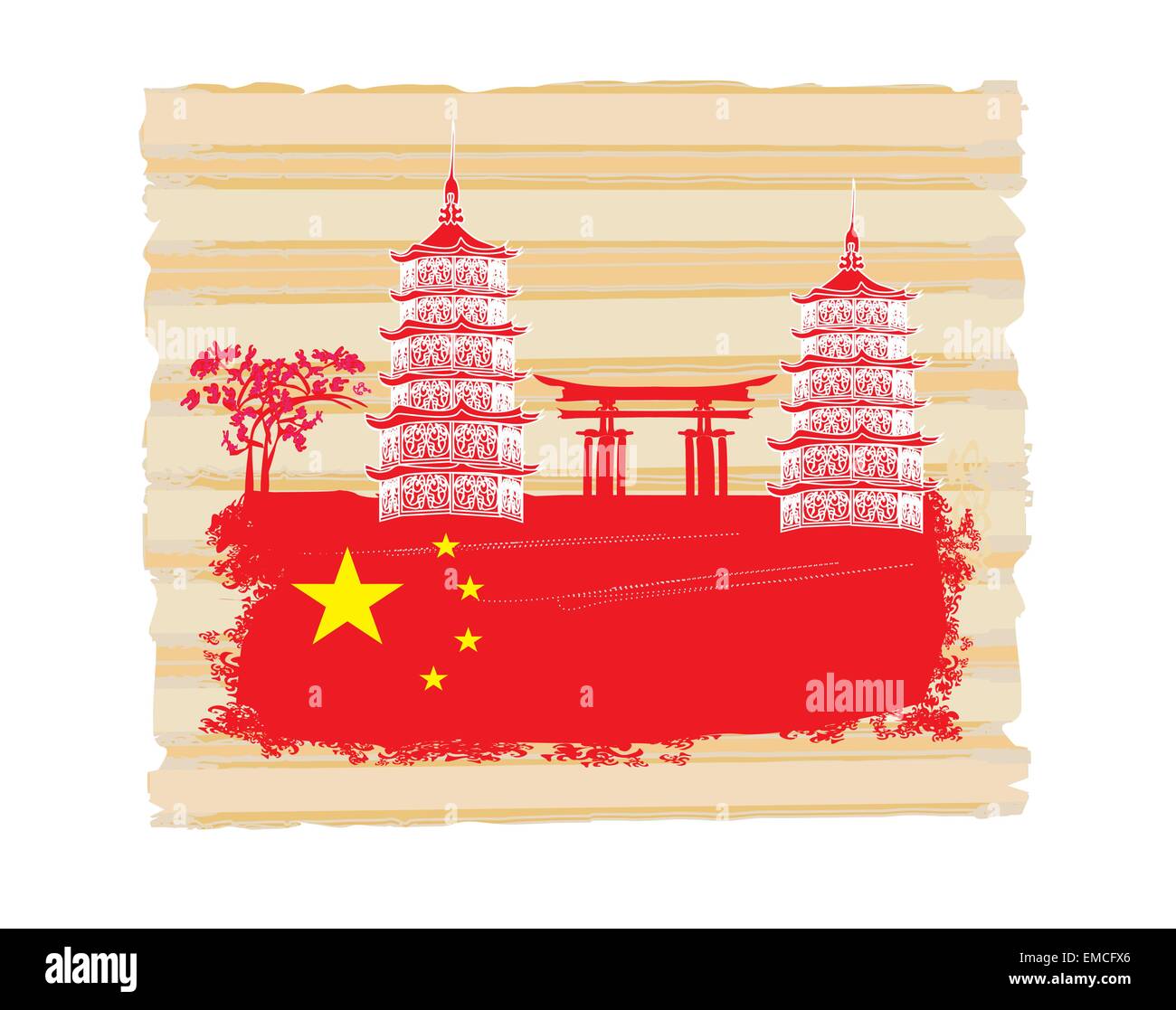 Decorativo paesaggio cinese card con edifici, bandiera e gate Illustrazione Vettoriale