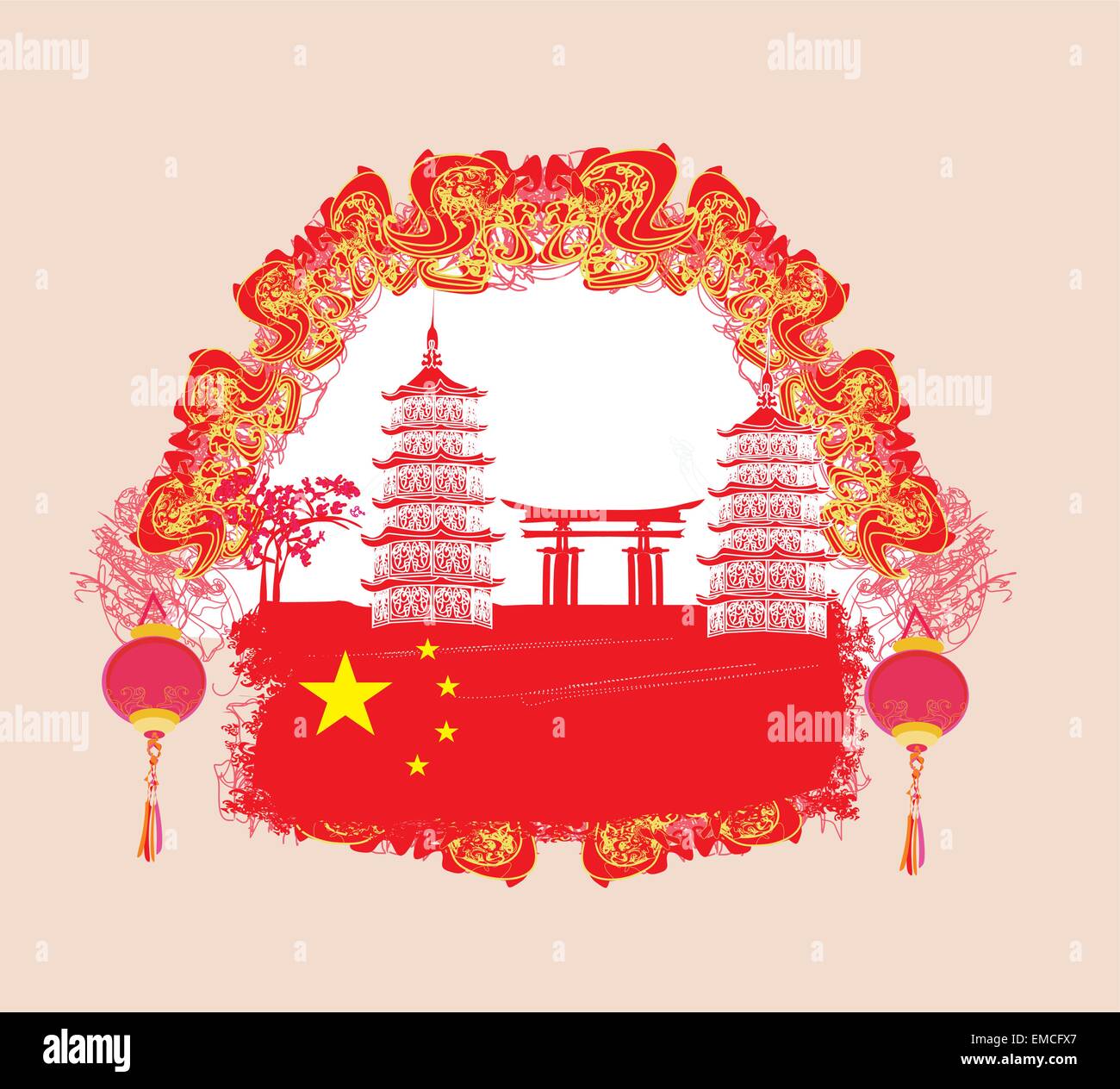 Capodanno cinese - Scheda di lanterne tradizionali e edifici asiatici Illustrazione Vettoriale