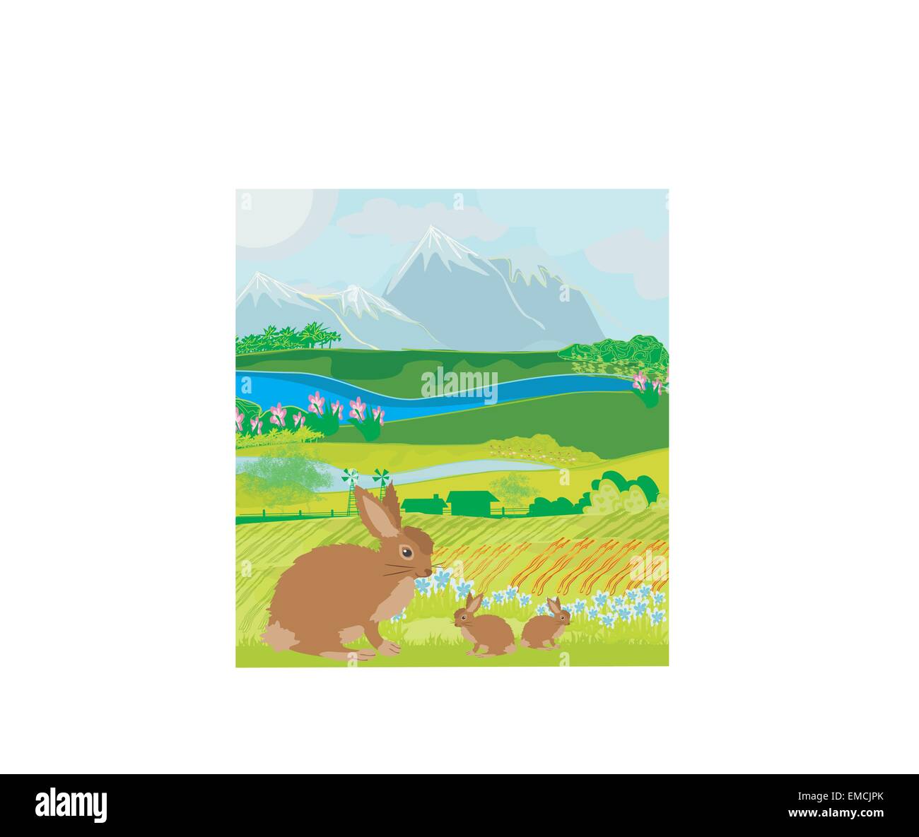 Coniglietti nel prato verde Illustrazione Vettoriale