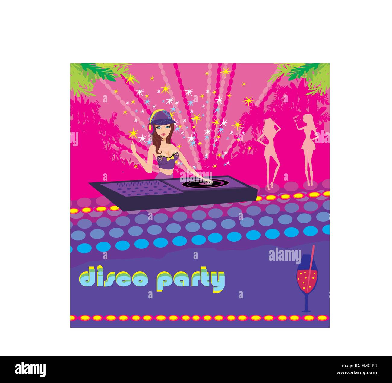 Bella ragazza DJ e ragazze che ballano a una festa Illustrazione Vettoriale