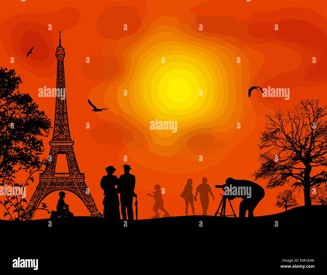 A Parigi il bellissimo tramonto arancione Illustrazione Vettoriale