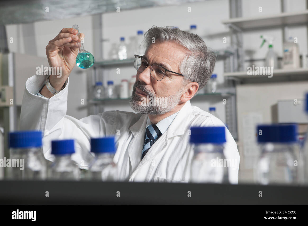 Scienziato in laboratorio esaminando il liquido nel pallone a fondo tondo Foto Stock
