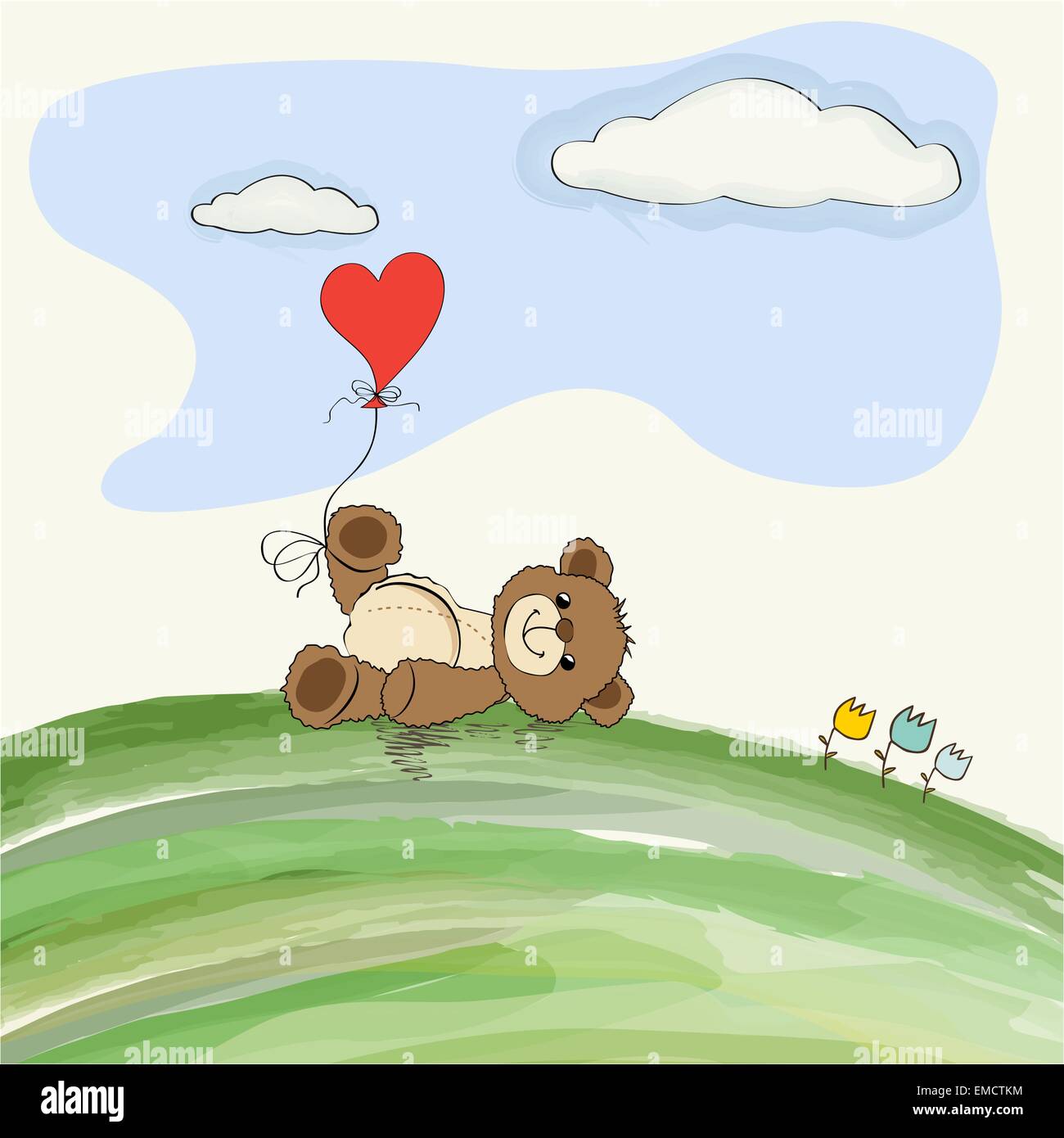 Carino doodle orsacchiotto di peluche con cuore sul prato Illustrazione Vettoriale