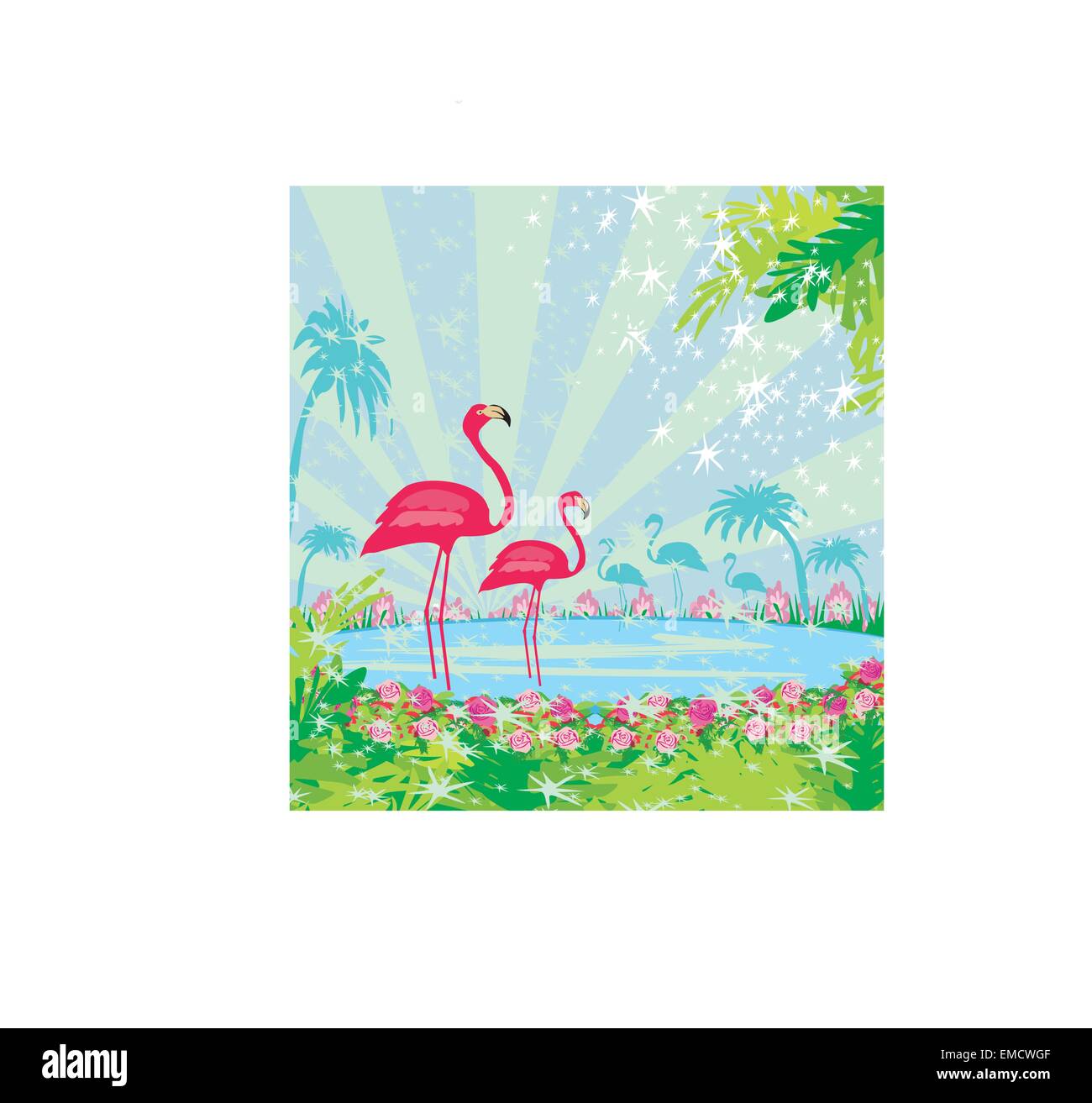 Illustrazione verde con palme e fenicottero rosa Illustrazione Vettoriale