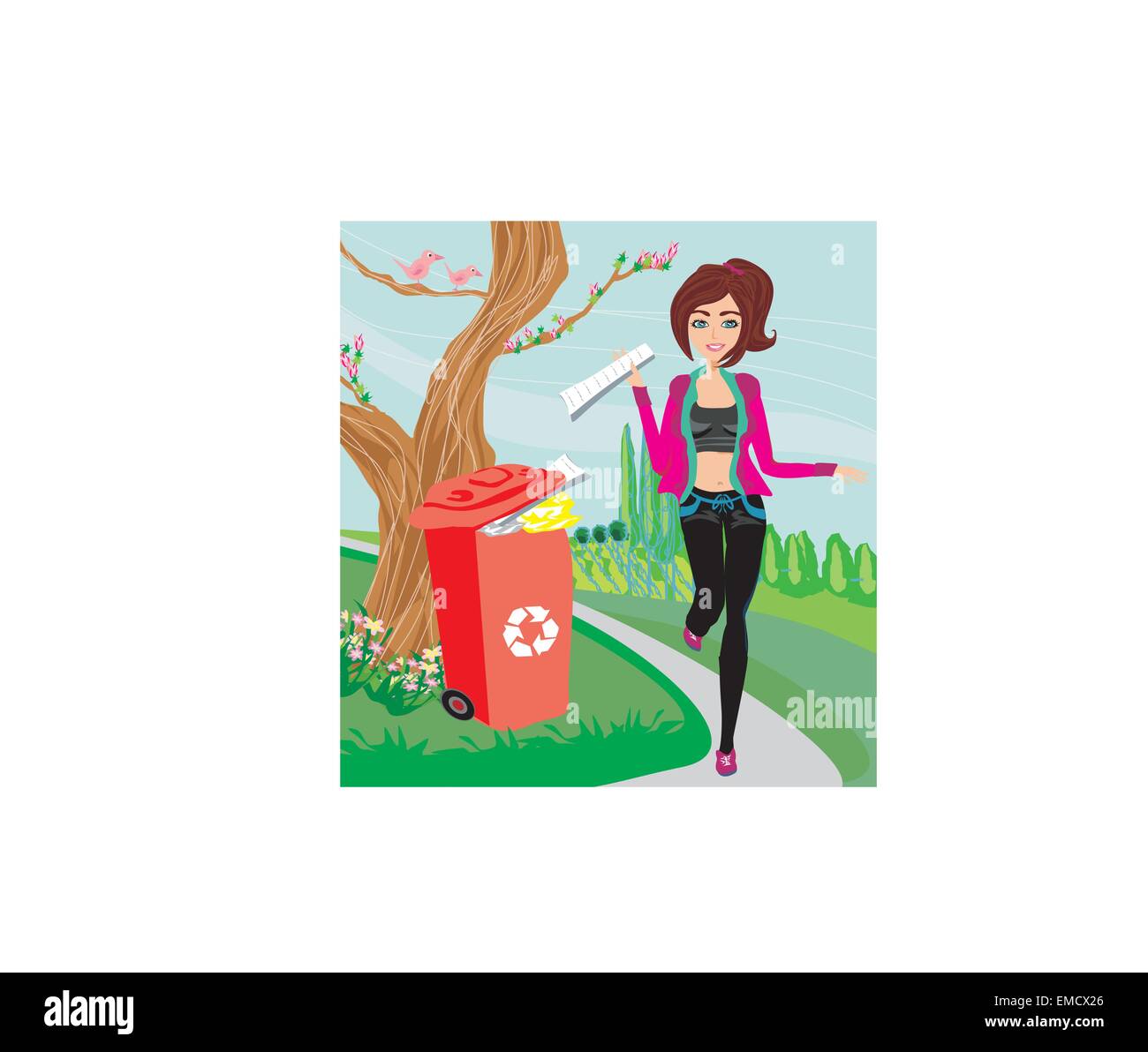 Riciclaggio - ragazza getta la carta nel vassoio di rosso Illustrazione Vettoriale