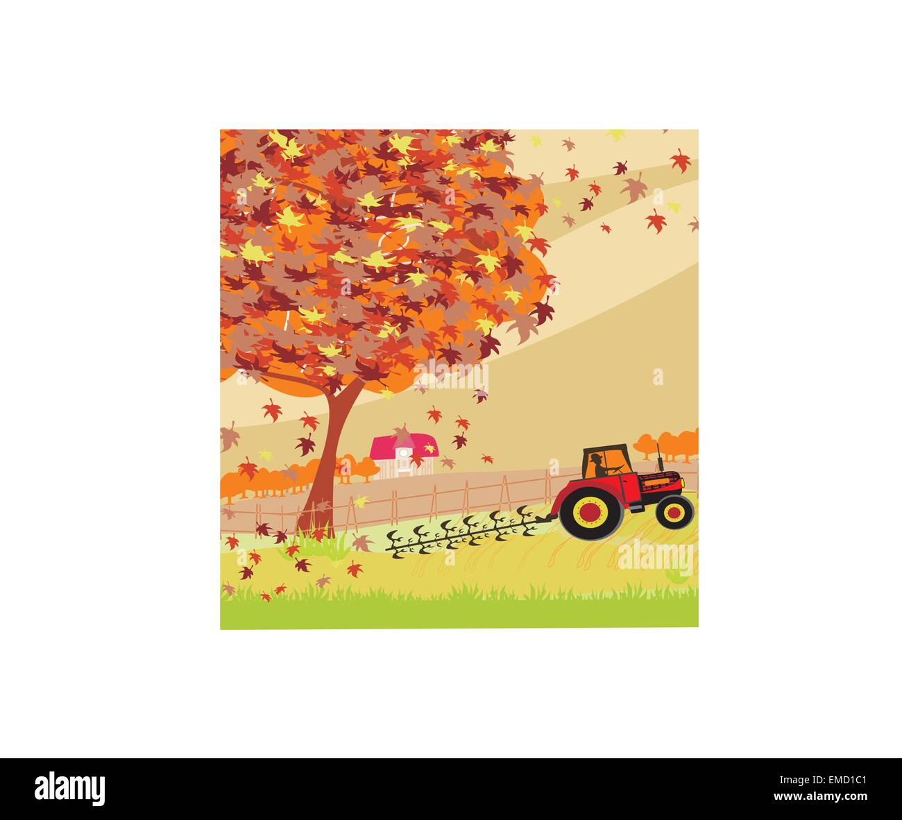 Trattore campo di aratura in autunno Illustrazione Vettoriale
