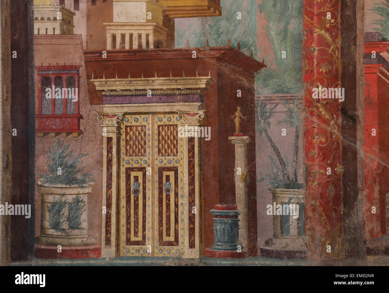 Muro Romano la pittura. Tardo repubblicano, ca. 50-40 BC. Secondo lo stile.villa di P. Fannius Synistor a Boscoreale, Italia. Foto Stock