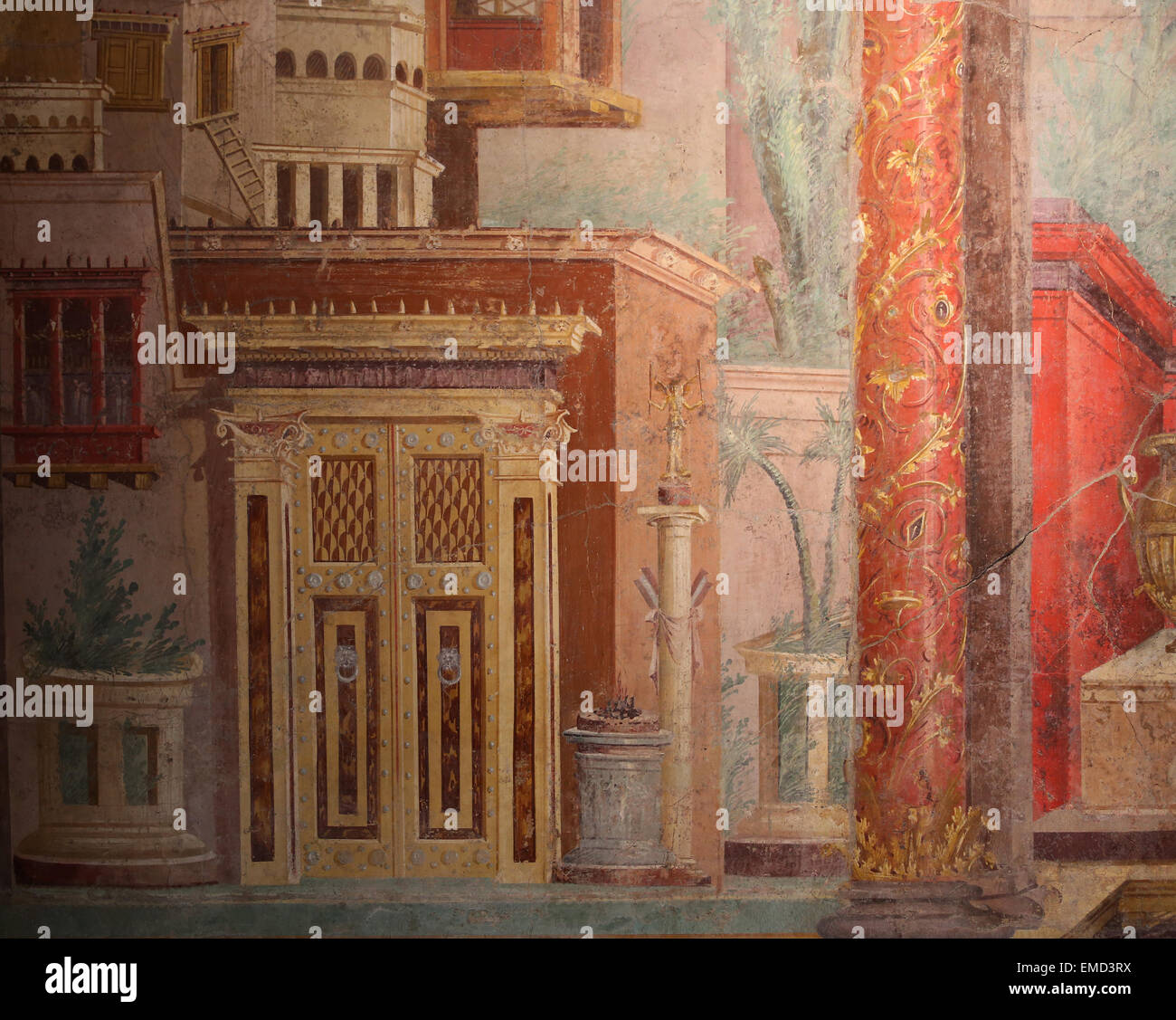 Muro Romano la pittura. 50-40 BC. Secondo stile. Colorate scene architettoniche. Villa di P. Fannius Synistor a Boscoreale, Italia. Foto Stock