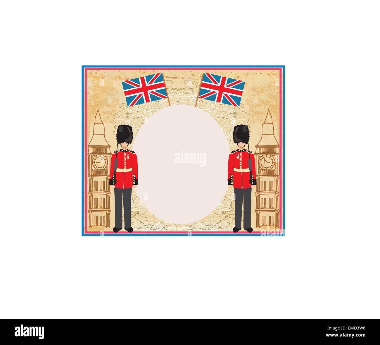 Astratta cornice con una bandiera,Beefeater soldato e Big Ben Illustrazione Vettoriale