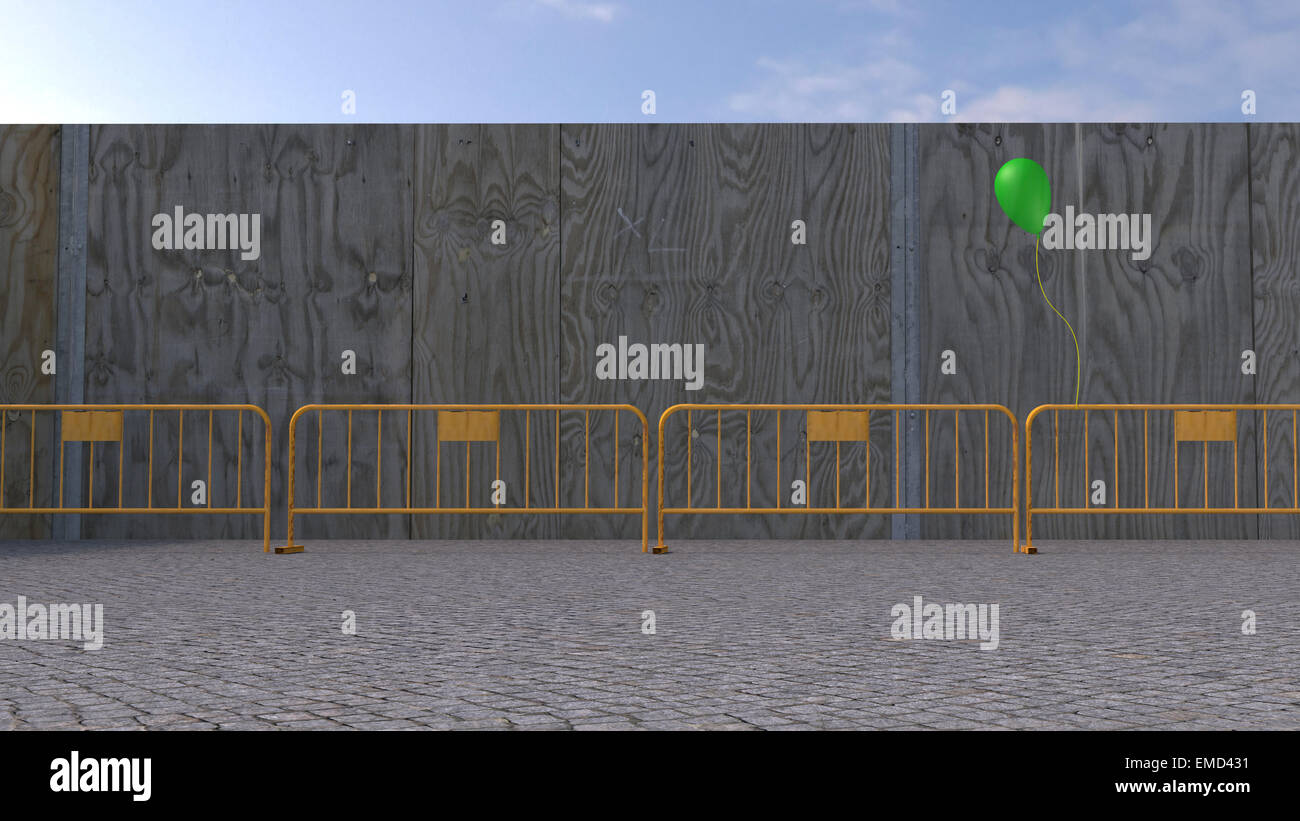 Palloncino attaccato alla ringhiera di una barriera, rendering 3D Foto Stock