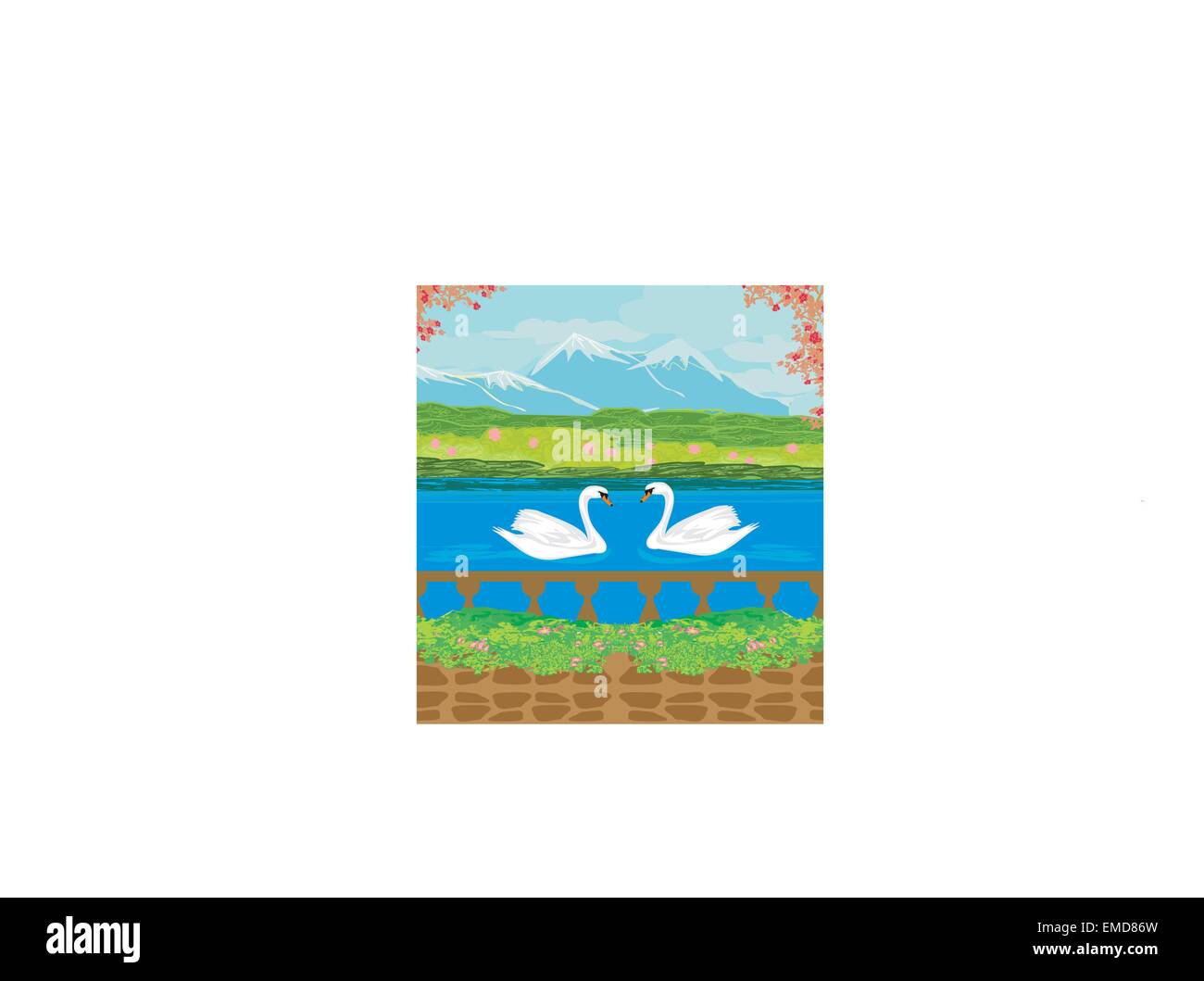 Vettore il paesaggio con le montagne e i cigni sul lago Illustrazione Vettoriale