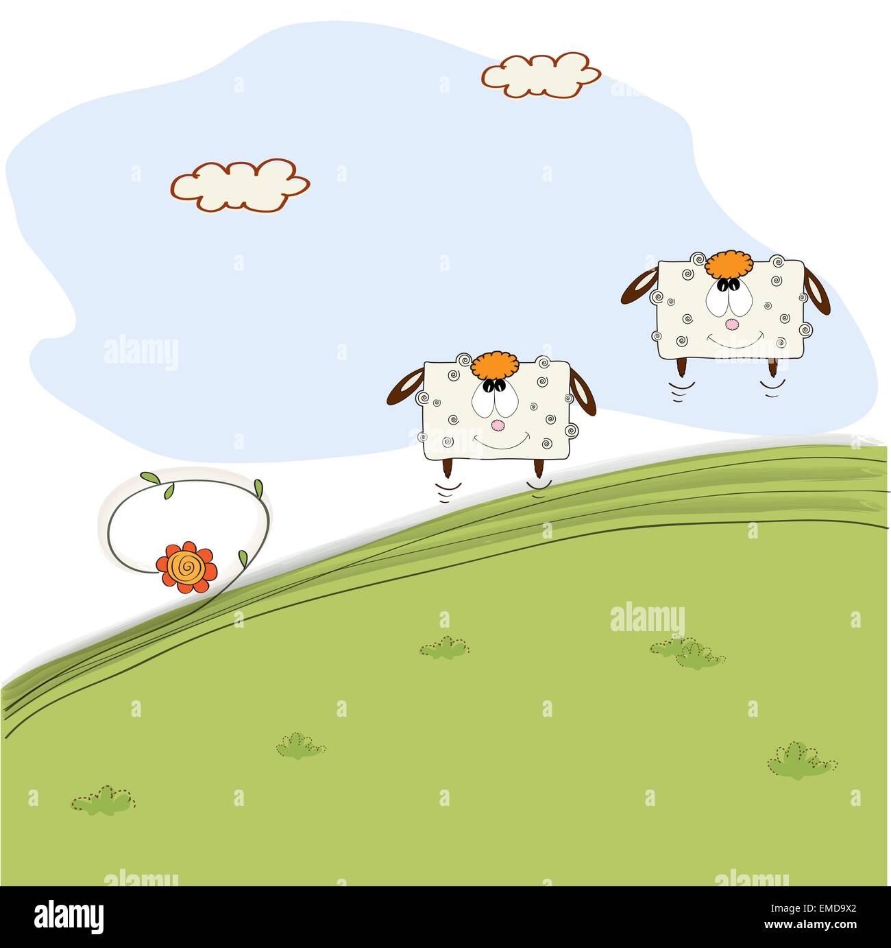 Due pecore allegro jumping sull'erba Illustrazione Vettoriale