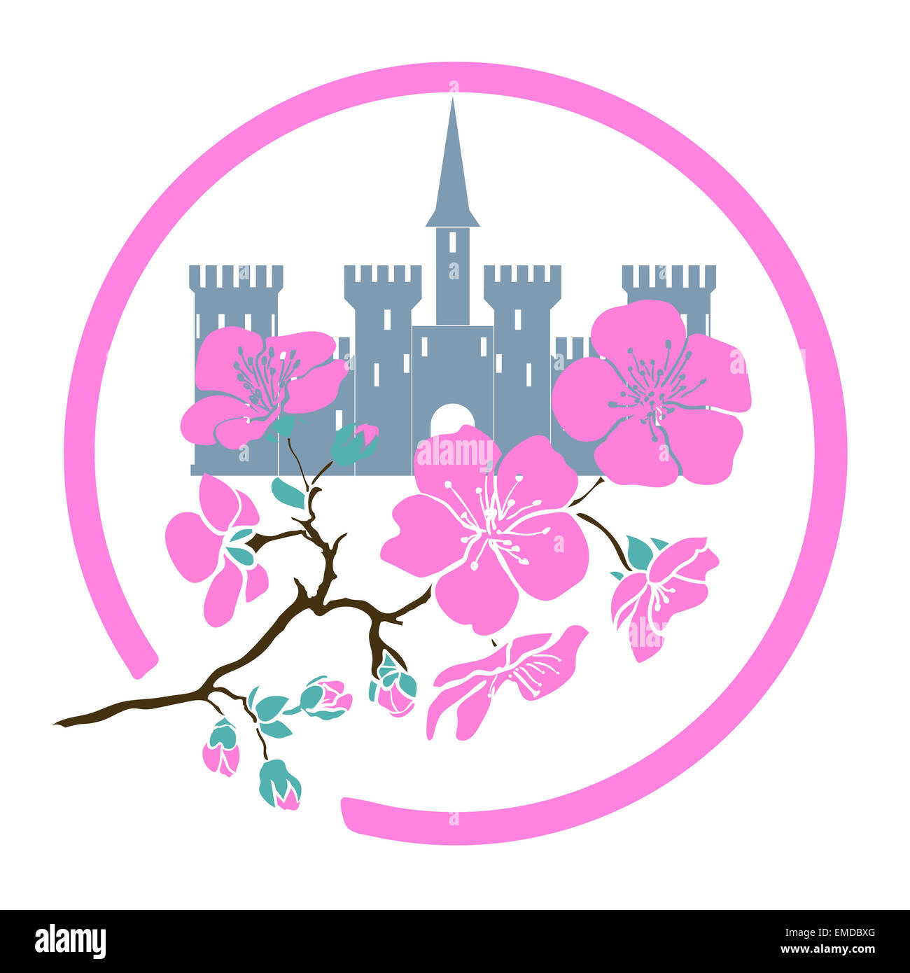 Rametto sakura blossoms e castello in cerchio. Illustrazione Vettoriale Foto Stock