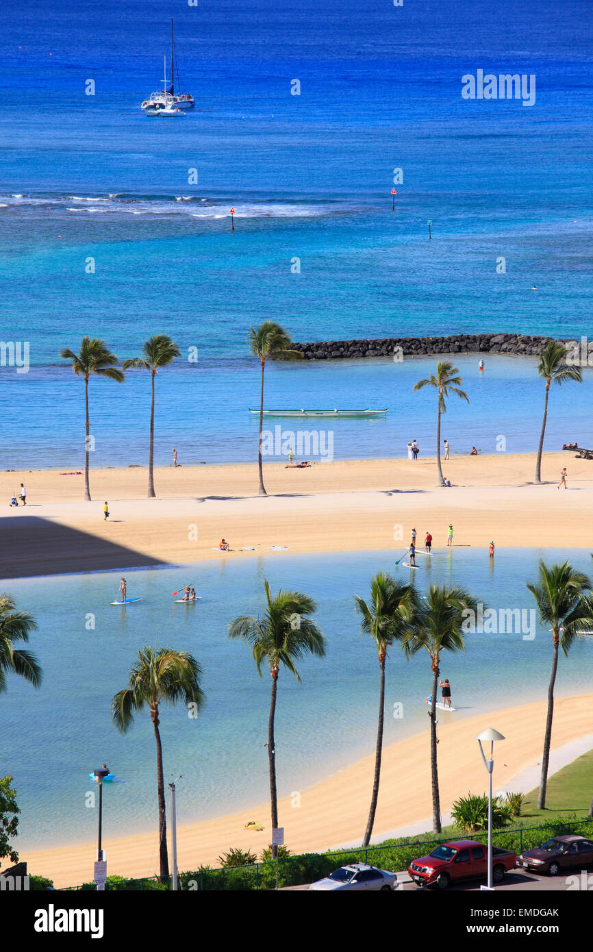Hawaii, Oahu, Waikiki, Hilton laguna, spiaggia, vista aerea, Foto Stock